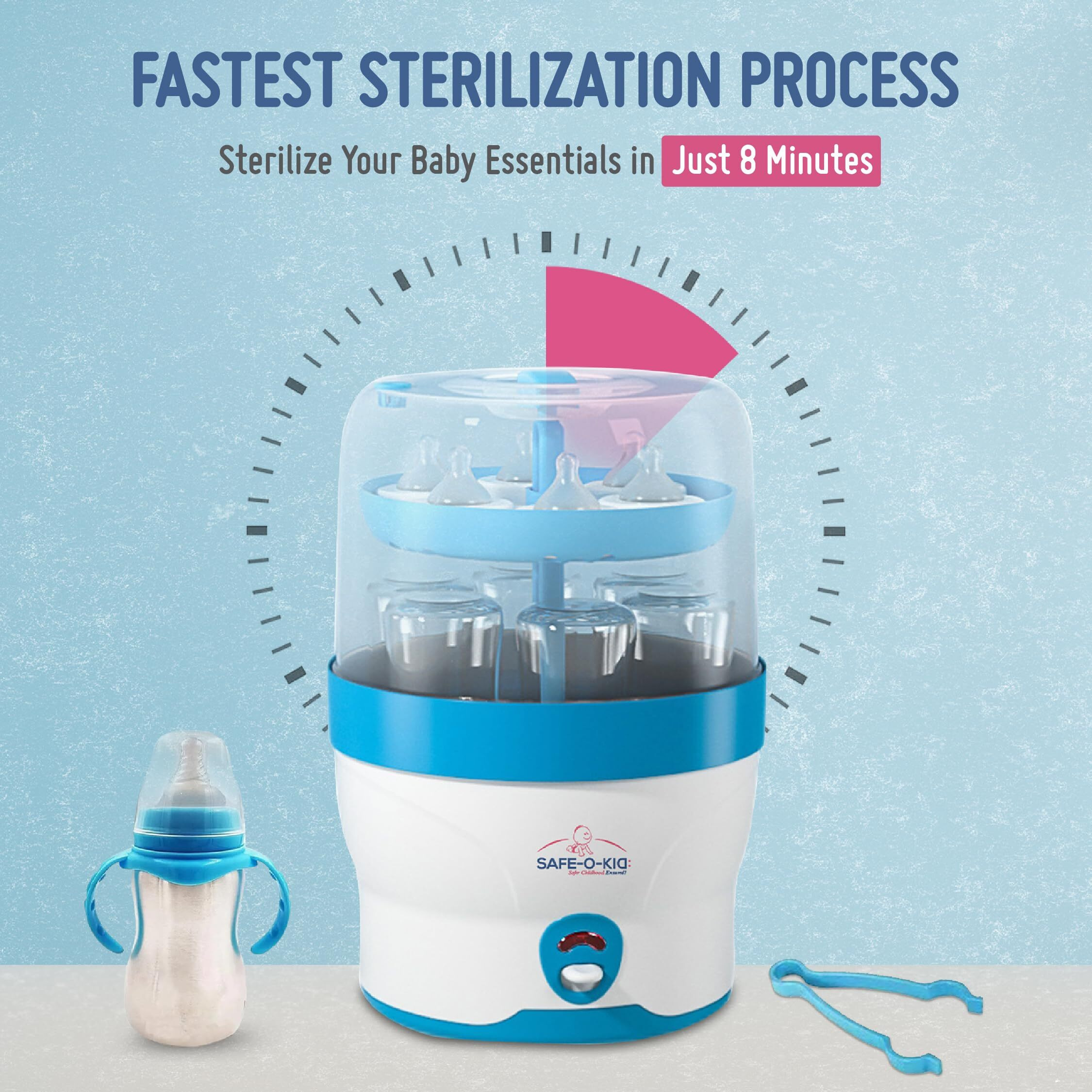 Safe-O-Kid 6 Bottles Advanced Sterilizer With 1 Year Manufacturer Warranty, Large Capacity, Steam Sterilizer For Feeding Bottles, Assessories, Breast Pumps, Teats, Bpa Free Products, Auto Shut With Advanced Uniform Heat Distribution Technology To Eliminate 99.9999 (Maximum Possible) Germs (Bacteria,Viruses Etc) - Blue