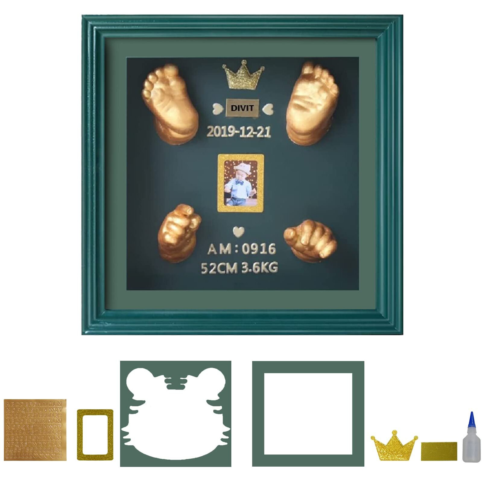 Mold Your Memories Square Wooden Wall Mount Frame For Baby Hand And Feet Casting (Only Frame). Box Frame For Baby Casting. 3D Baby Casting Frames (Green), 27.3X7.34 Cm