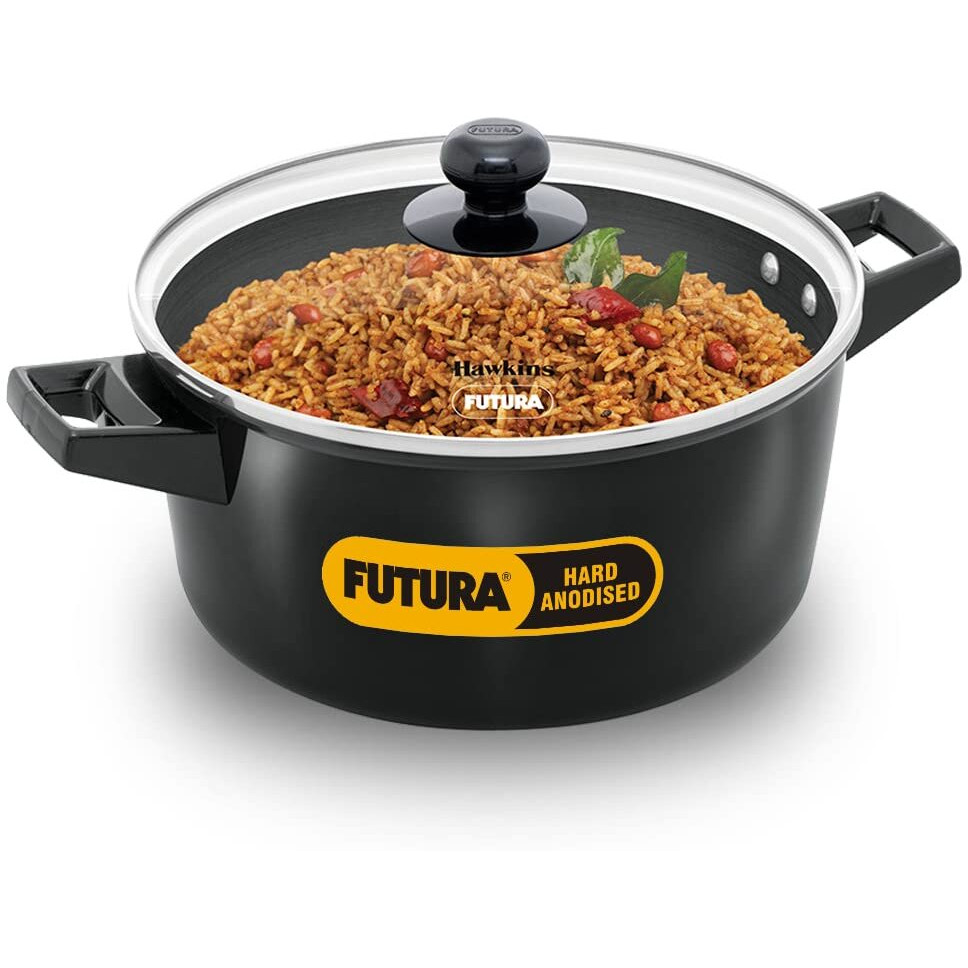 Hawkins Futura 4 Litre Cook N Serve Casserole, Hard Anodised Saucepan With Glass Lid, Sauce Pan For Cooking, Black Bowl For Serving, Black (Iacb40G), Anodized