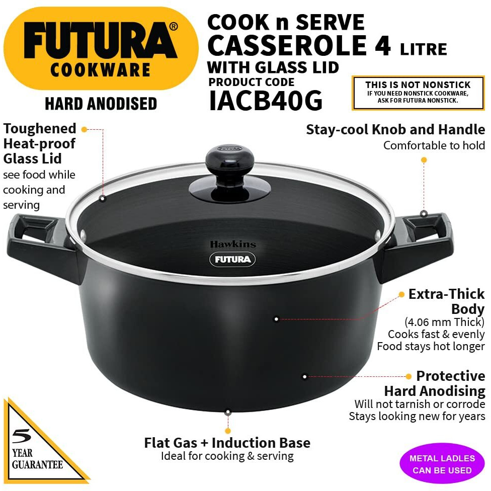 Hawkins Futura 4 Litre Cook N Serve Casserole, Hard Anodised Saucepan With Glass Lid, Sauce Pan For Cooking, Black Bowl For Serving, Black (Iacb40G), Anodized