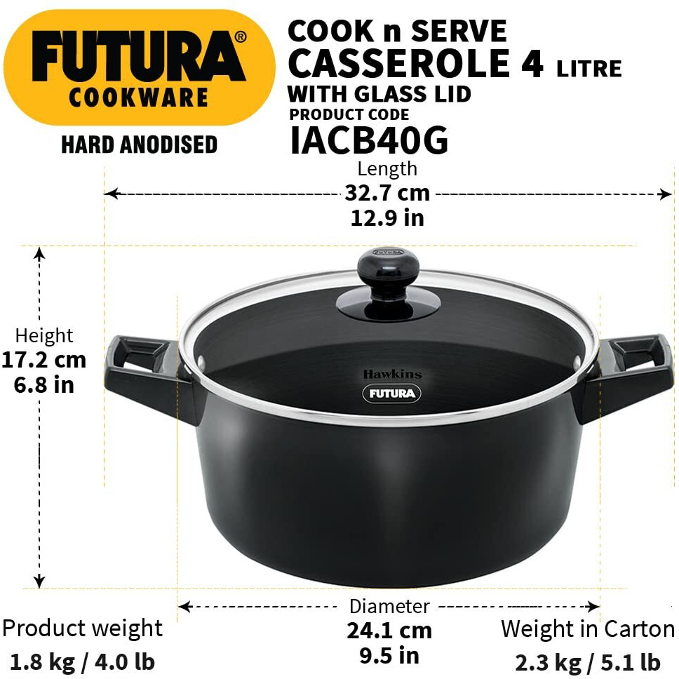 Hawkins Futura 4 Litre Cook N Serve Casserole, Hard Anodised Saucepan With Glass Lid, Sauce Pan For Cooking, Black Bowl For Serving, Black (Iacb40G), Anodized