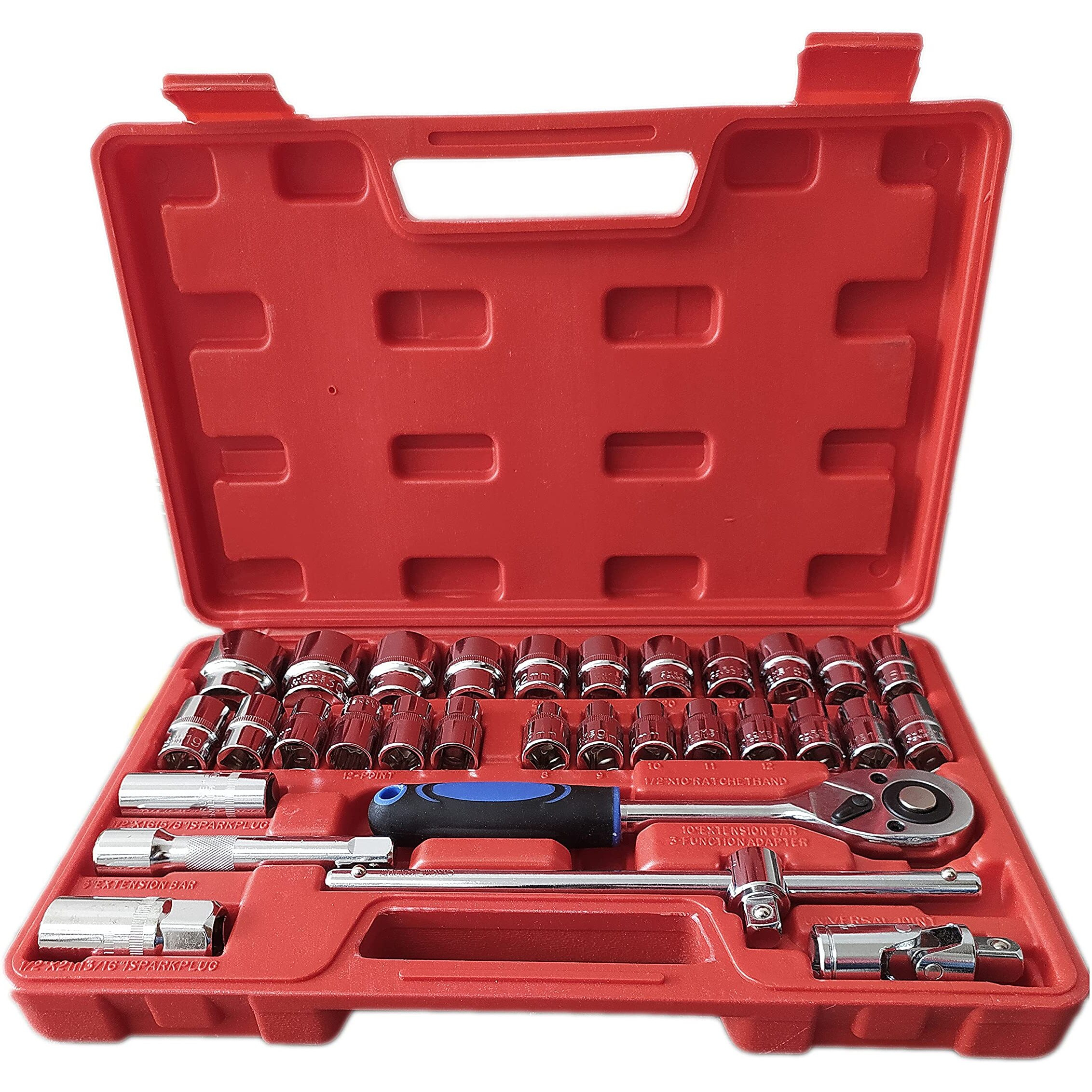 Inditrust 32Pcs 1/2" Inch Combinational Ratchet Socket Wrench Spannar Tool Goti Set With Carry Box For Automobiles/Bike/Car Repair Tool Kit Socket Set (Pack Of 32) (32Pc In Red Box)