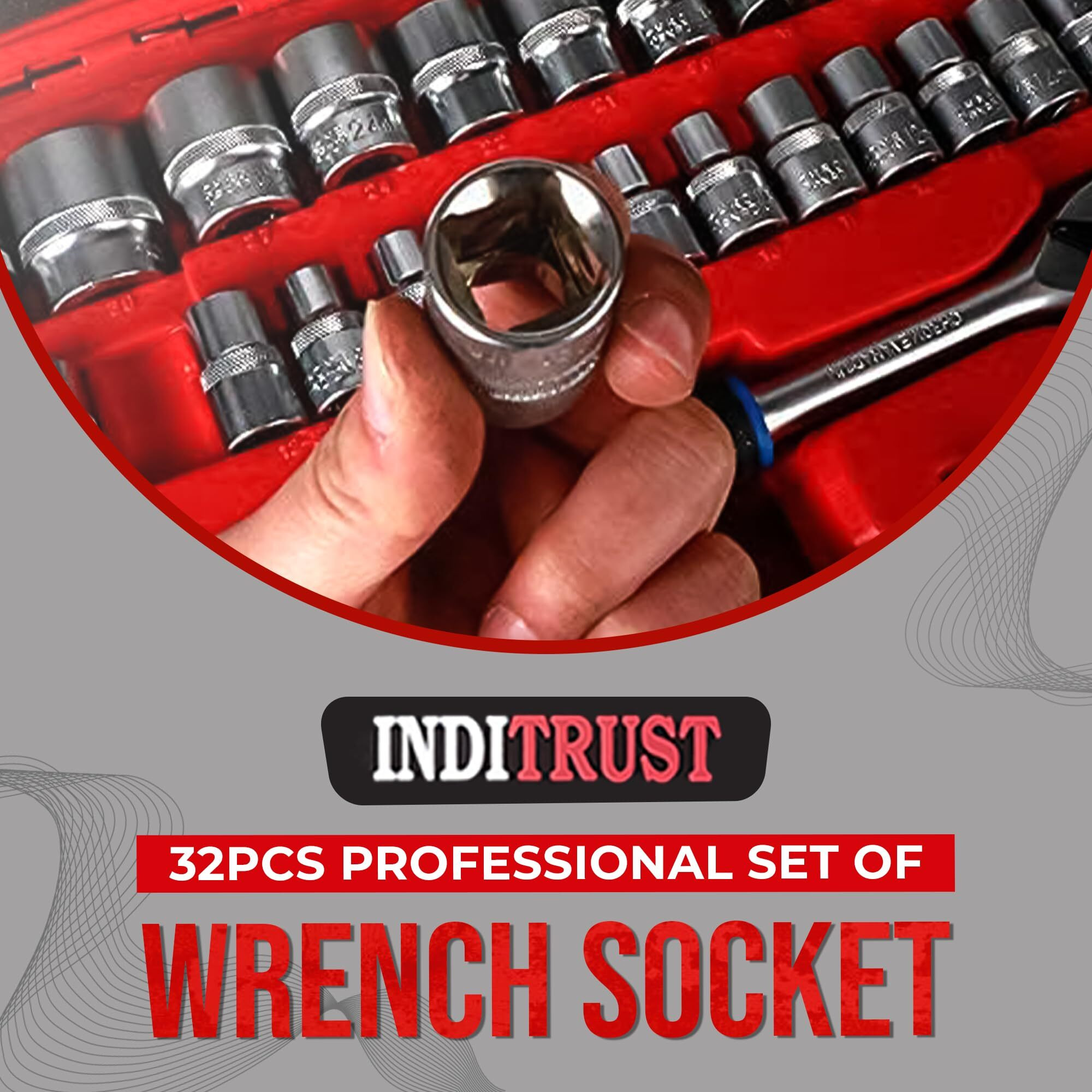 Inditrust 32Pcs 1/2" Inch Combinational Ratchet Socket Wrench Spannar Tool Goti Set With Carry Box For Automobiles/Bike/Car Repair Tool Kit Socket Set (Pack Of 32) (32Pc In Red Box)