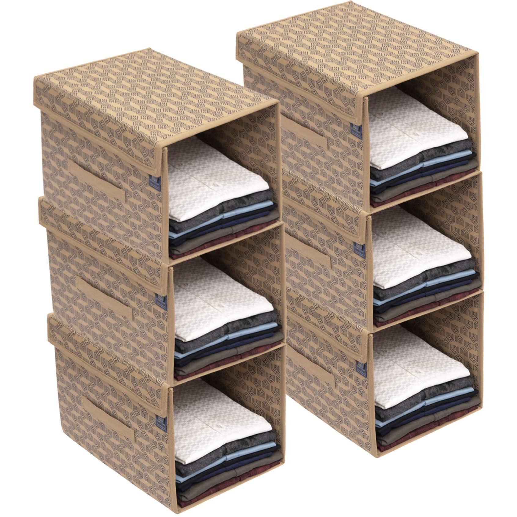 Homestrap Printed Stackable Shirt Organizer With Cover Lid- Beige Pack Of 6(Featured On Shark Tank)(Non-Woven,Rectangular),24X40X24 Cm