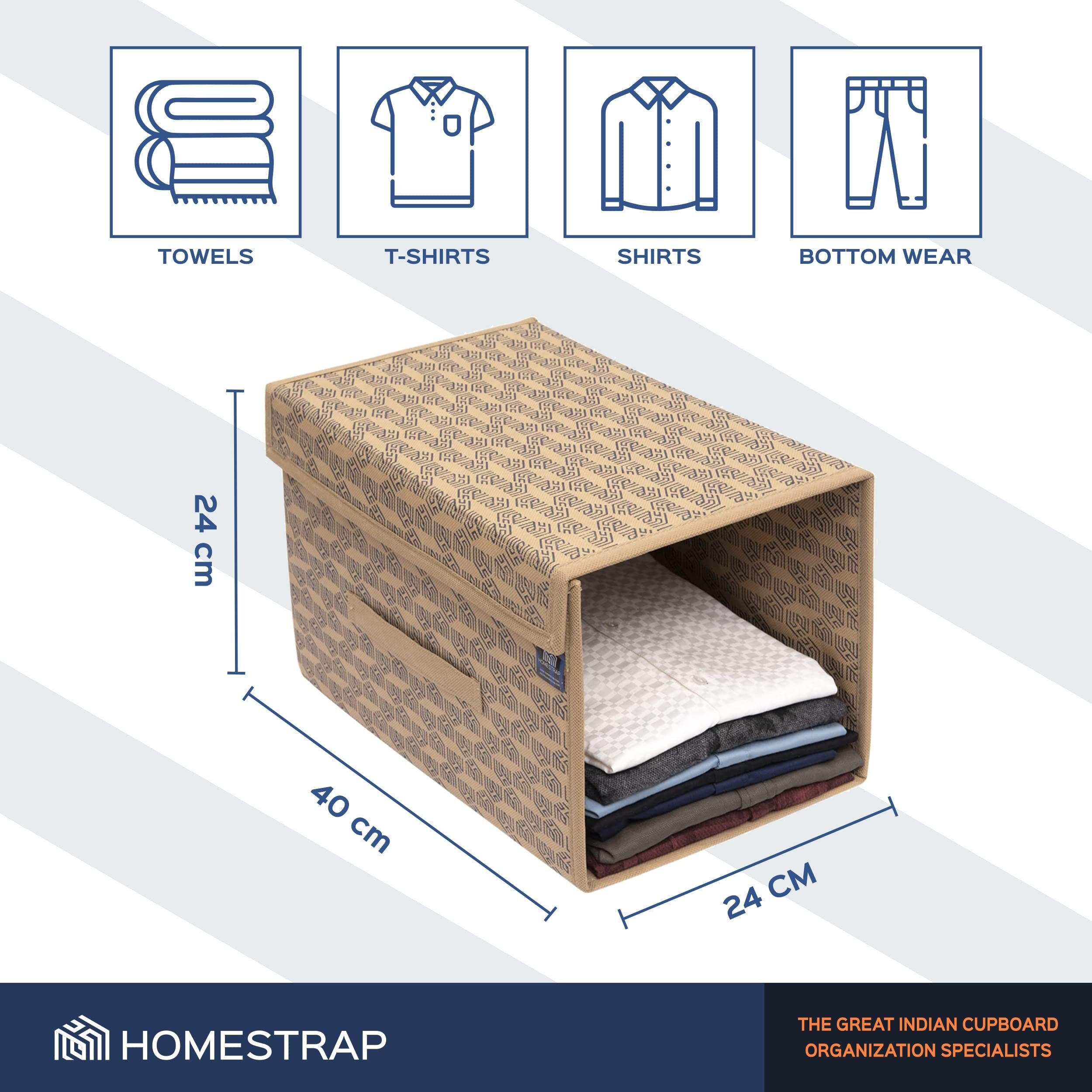Homestrap Printed Stackable Shirt Organizer With Cover Lid- Beige Pack Of 6(Featured On Shark Tank)(Non-Woven,Rectangular),24X40X24 Cm