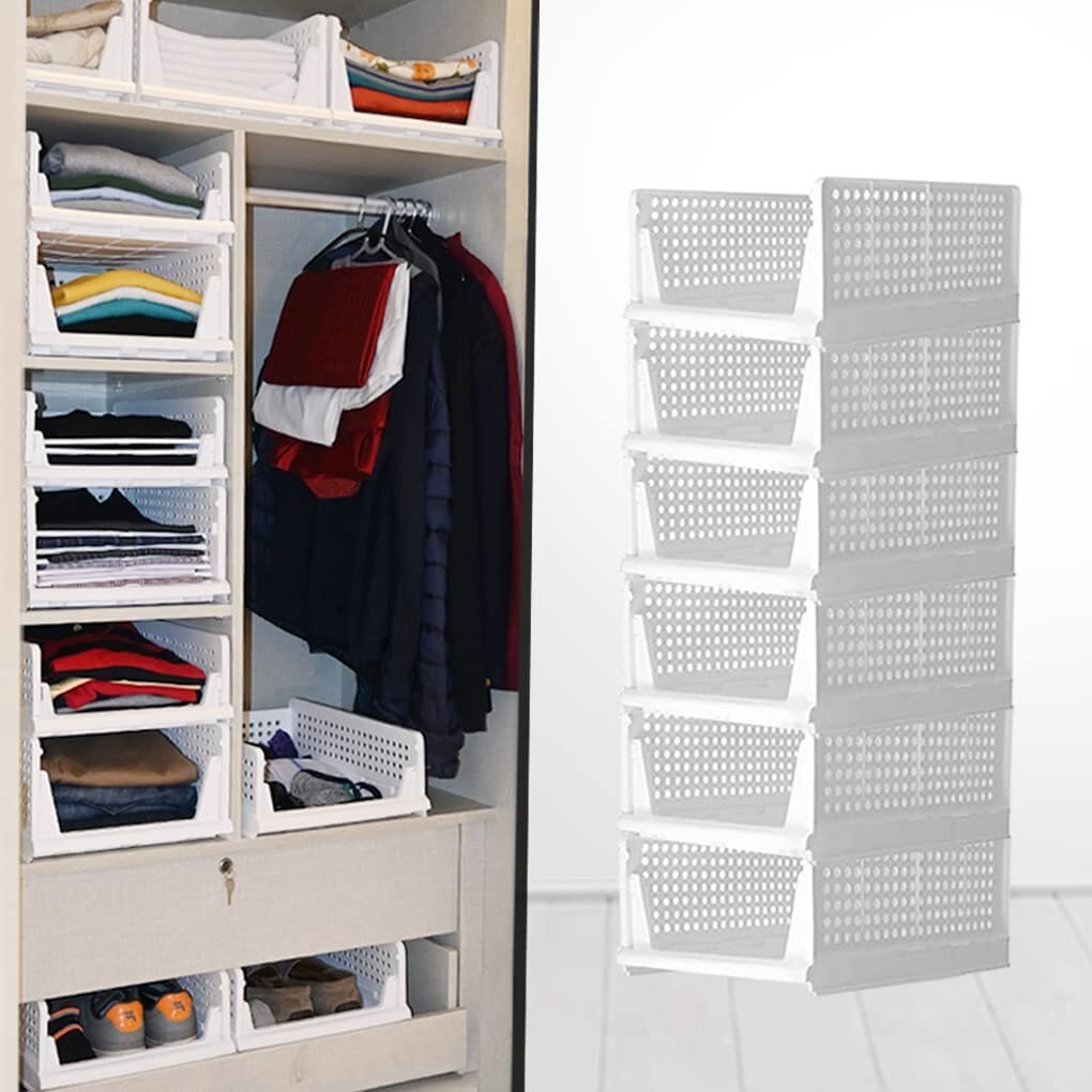 Jeyang Folding Wardrobe Organizer Plastic Stackable Clothe Closet Self Storage Container, Rectangular Cupboard For Kitchen, Home And Bathroom (Pack Of 6 (Small White))
