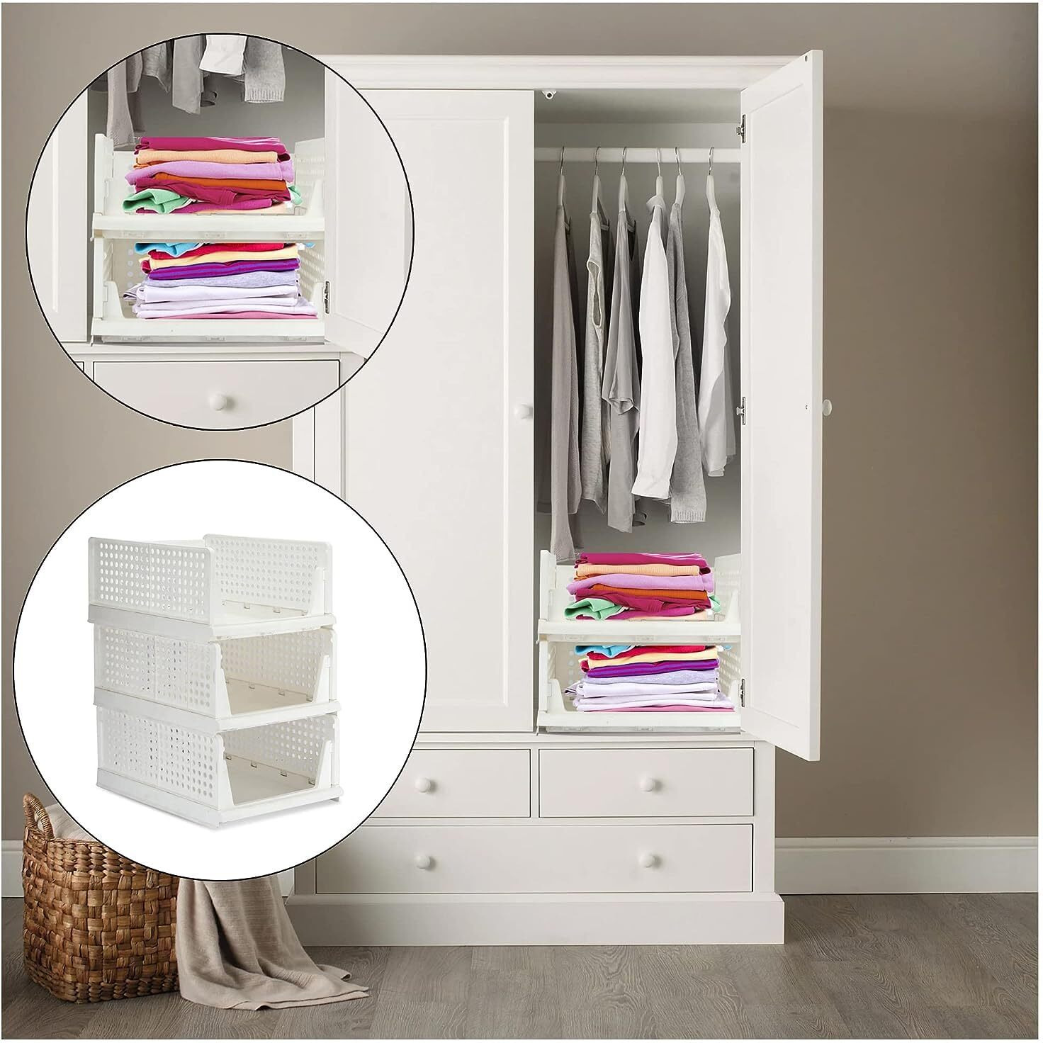 Jeyang Folding Wardrobe Organizer Plastic Stackable Clothe Closet Self Storage Container, Rectangular Cupboard For Kitchen, Home And Bathroom (Pack Of 6 (Small White))