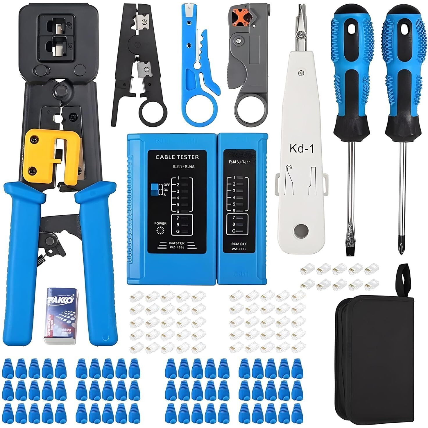 Coolcold Crimping Tool, Rj45 Wire Cutter, Tool Kit, Cat5 Cat5E Cat6, 50Pcs Rj45 Cat6 Pass Through Connectors, 50Pcs Covers, Network Cable Tester, Wire Punch Down Cutter, Battery, Pass Through Tool Kit