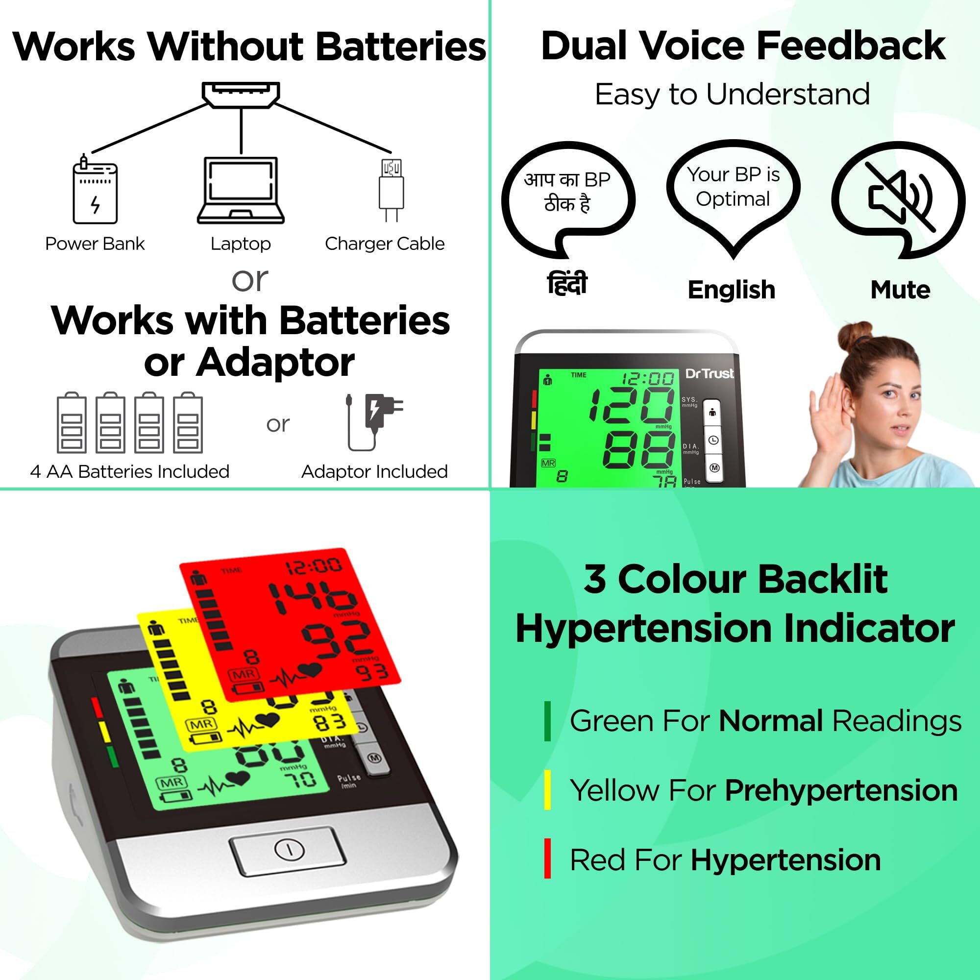 Dr Trust(Usa) Goldline Talking Automatic Digital Bp Monitor Machine, 3 Color Backlight (Includes Adapter, Carry Bag, Batteries)- 103