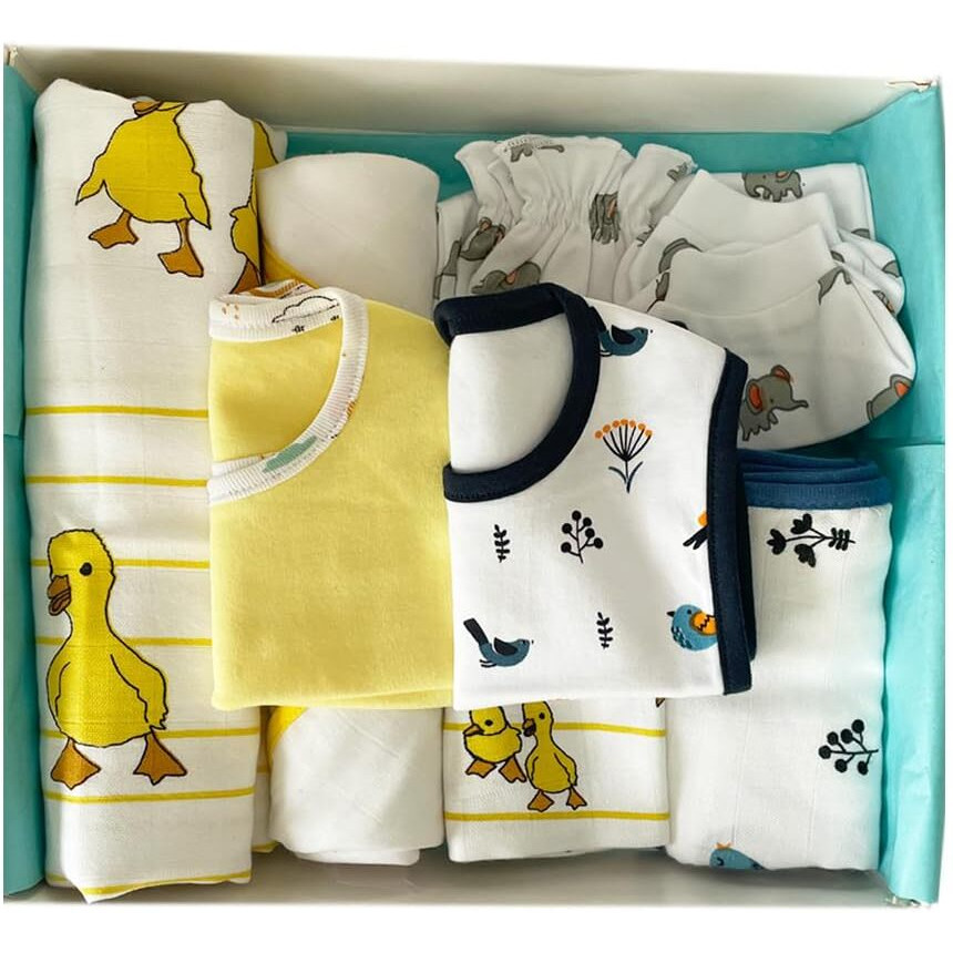 Tinylane - Curated For You Newborn Baby Products Gift Set (13 Pcs), Essential Clothing Gift Kit For Infants Of 0-3 Years, Swaddles, Bibs, Cap, Booties, Mittens & Washcloths, Ideal Baby Shower Gift Pack
