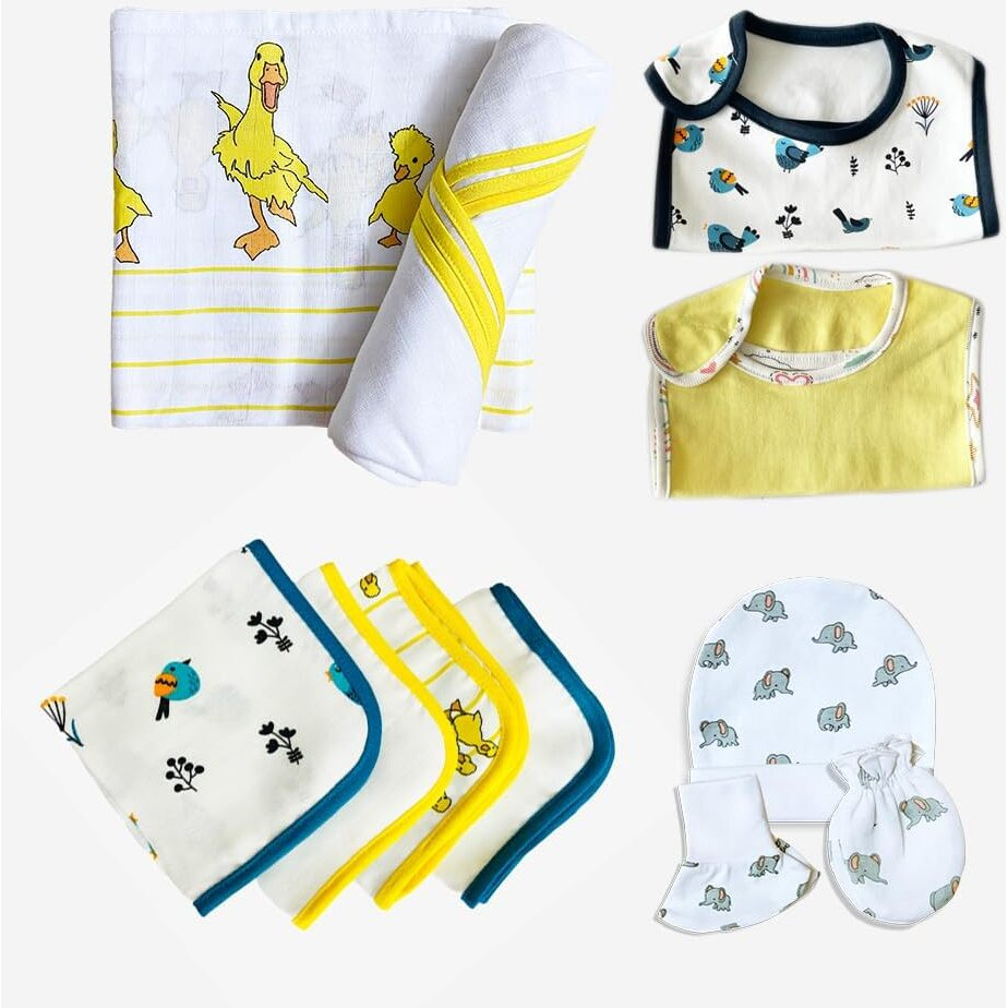 Tinylane - Curated For You Newborn Baby Products Gift Set (13 Pcs), Essential Clothing Gift Kit For Infants Of 0-3 Years, Swaddles, Bibs, Cap, Booties, Mittens & Washcloths, Ideal Baby Shower Gift Pack