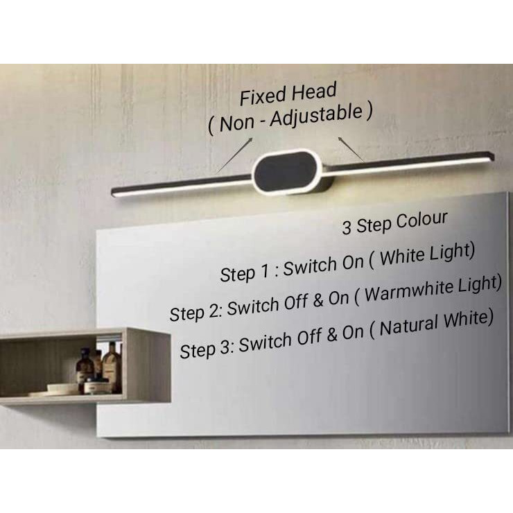 Filliska 18 Watt Modern Led Picture/Dressing/Vanity/Bathroom/Mirror Light With 3 Step Light Mode & Non-Adjustable Head (White, Warm White And Neutral White) (Sleek Black-077)