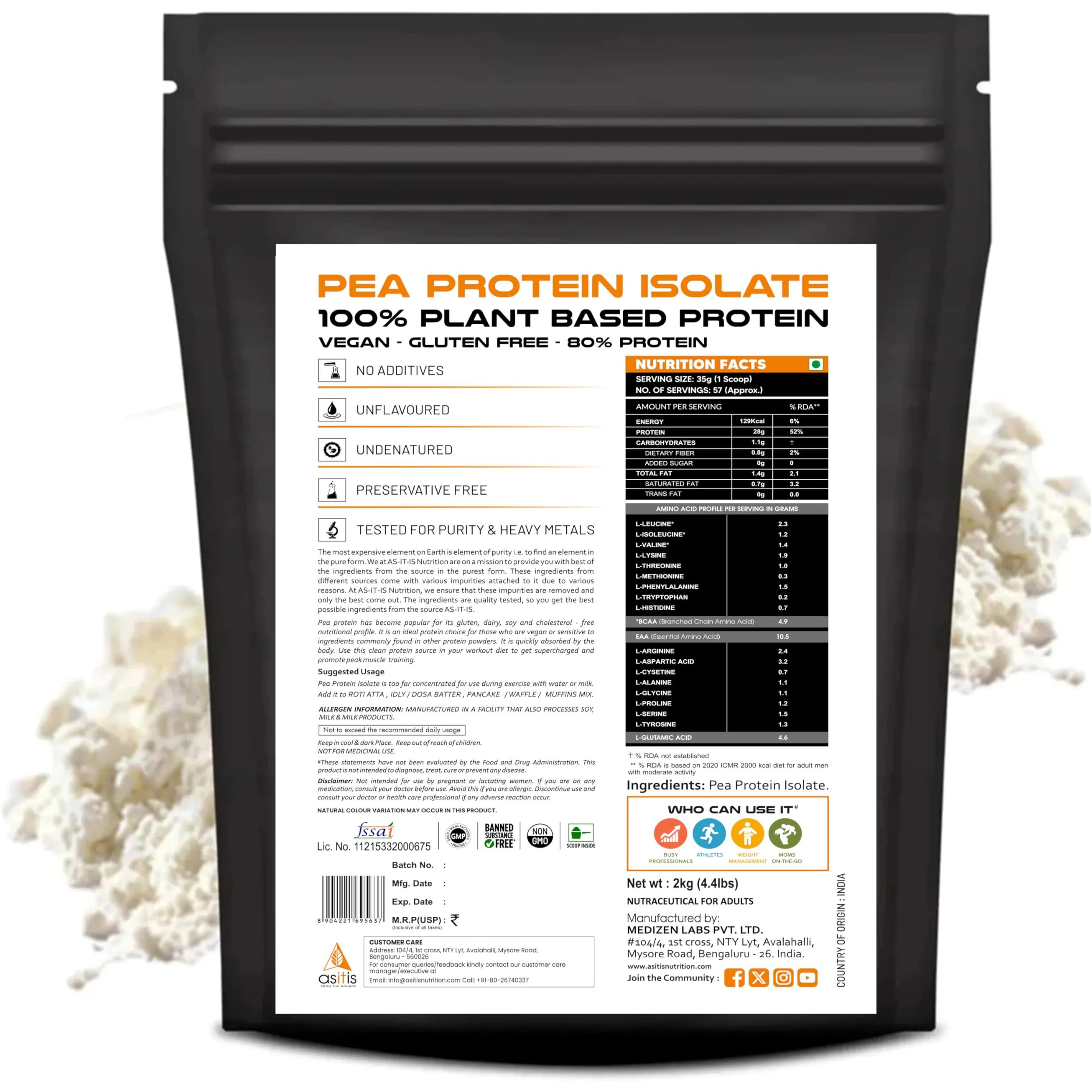 As-It-Is Nutrition 100% Pea Protein Isolate, 28G Protein, Pure Vegan Plant Protein, Promotes Muscle Building With Easy Digestion, Whey Protein Substitute Designed As Meal Supplement - Unflavoured, Single Ingredient With Zero Adulteration- 2000G (57 Servings)