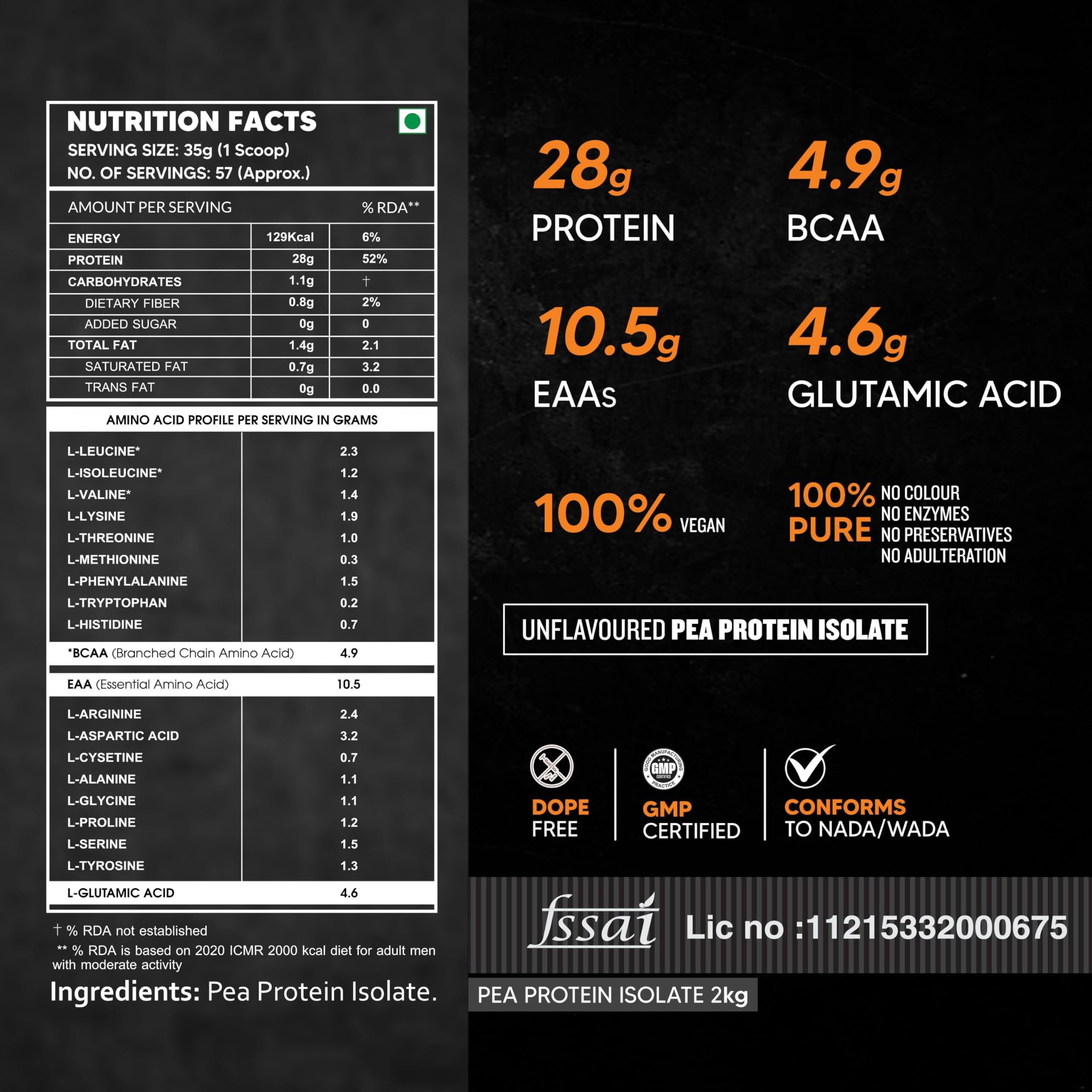 As-It-Is Nutrition 100% Pea Protein Isolate, 28G Protein, Pure Vegan Plant Protein, Promotes Muscle Building With Easy Digestion, Whey Protein Substitute Designed As Meal Supplement - Unflavoured, Single Ingredient With Zero Adulteration- 2000G (57 Servings)