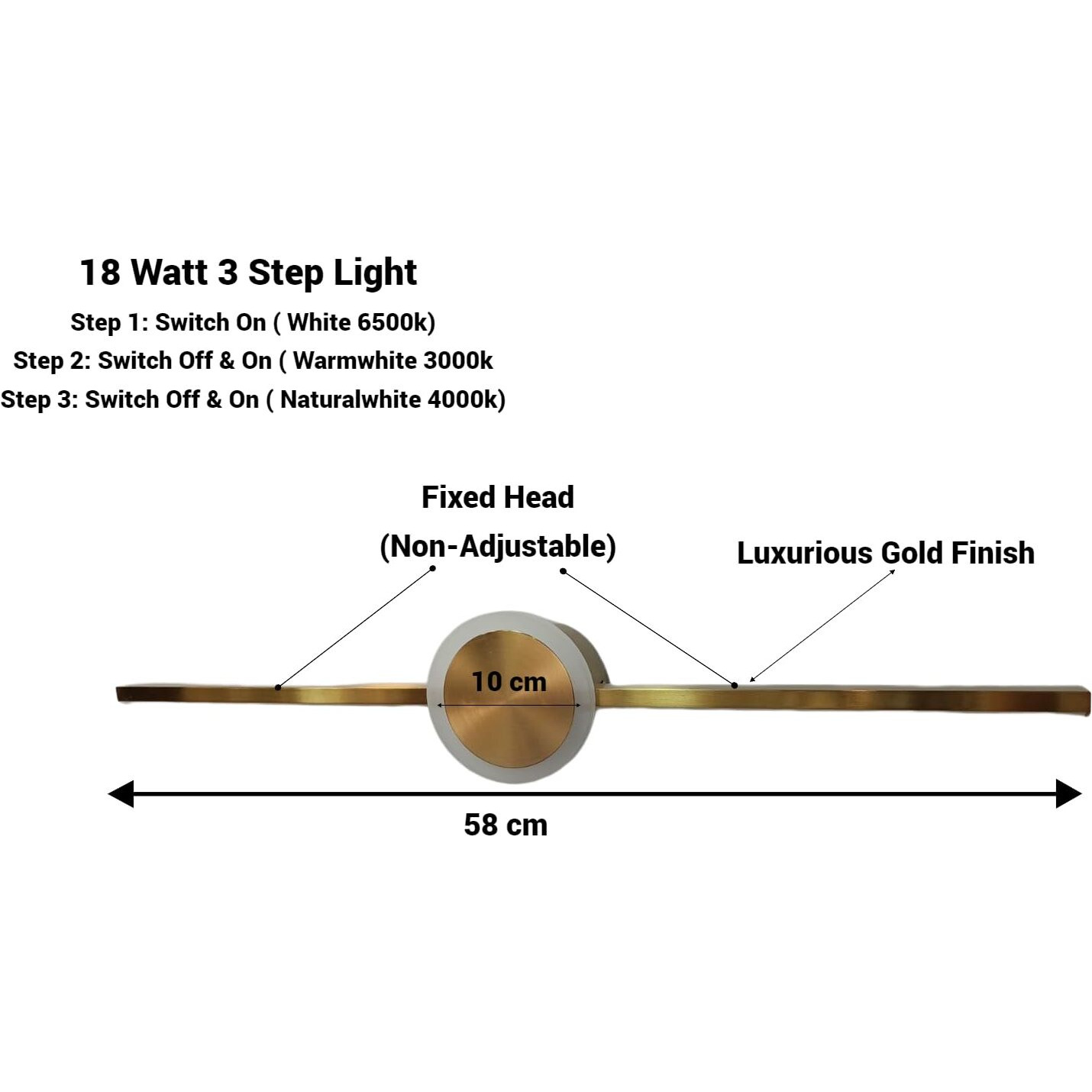 Filliska 18 Watt Modern Led Picture/Dressing/Vanity/Bathroom/Mirror Light With 3 Step Light Mode & Non-Adjustable Head (White, Warm White And Neutral White) (Sleek Gold-177)