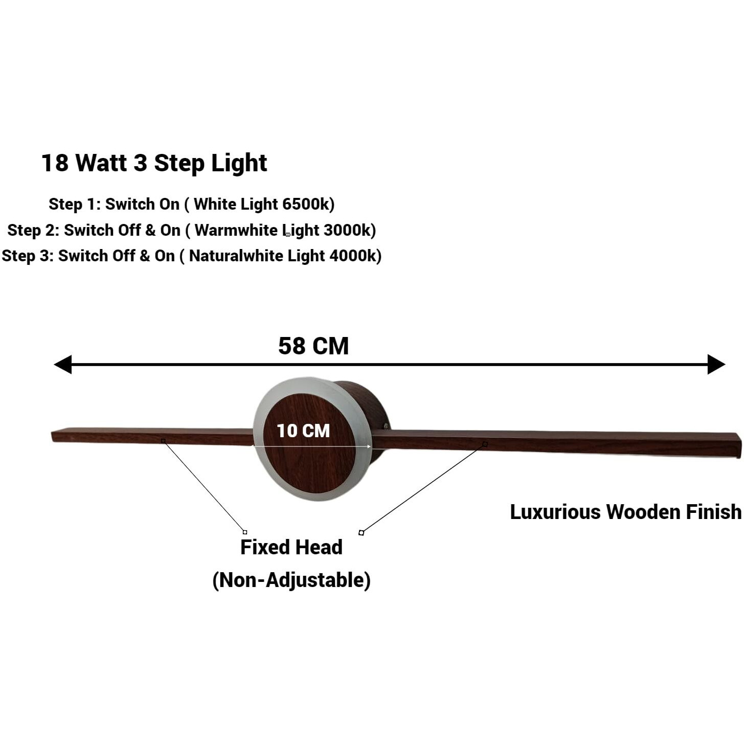Filliska 18 Watt Modern Led Picture/Dressing/Vanity/Bathroom/Mirror Light With 3 Step Light Mode & Non-Adjustable Head (White, Warm White And Neutral White) (Sleek Wooden-177)