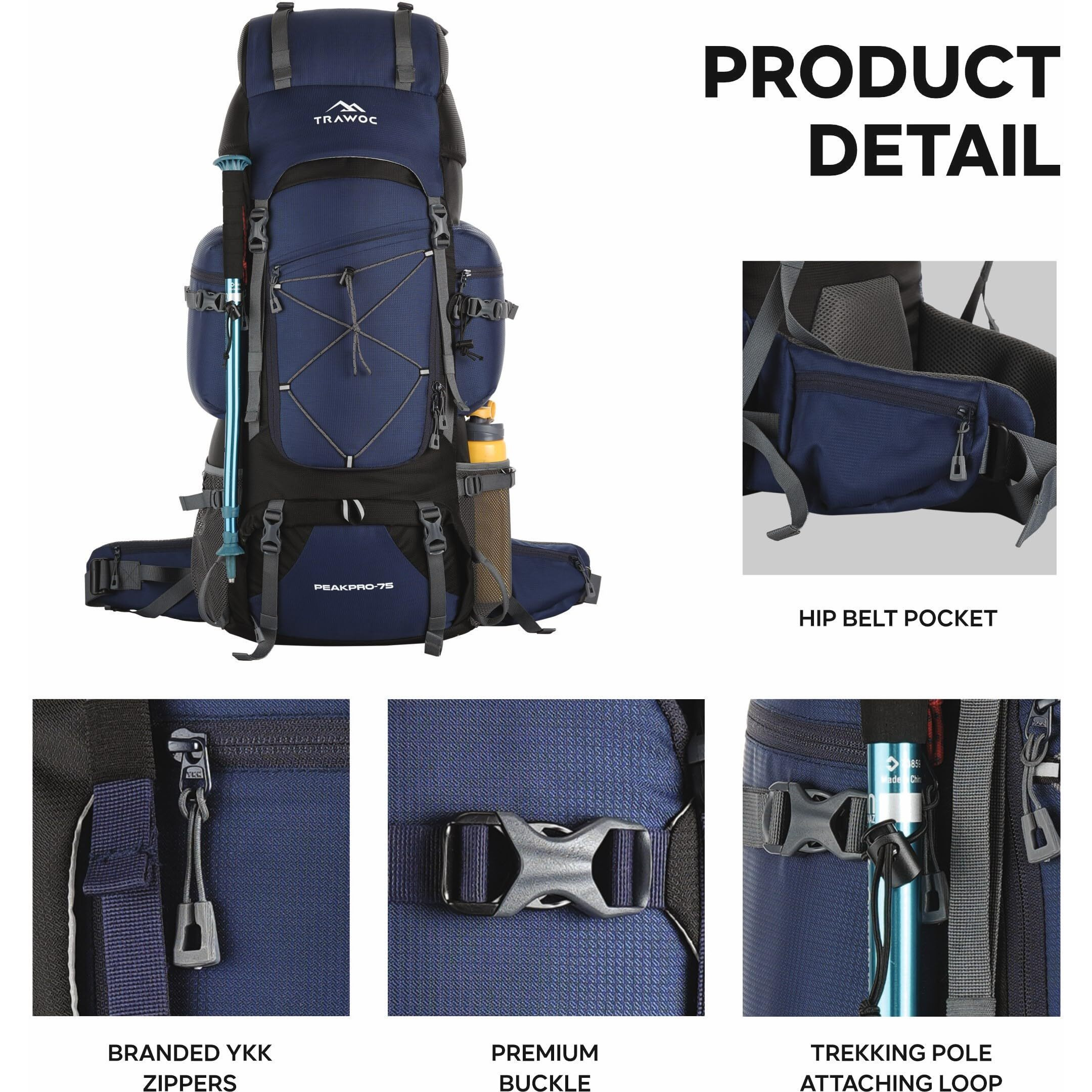 Trawoc Peakpro 75 Liter Travel Backpack For Hiking Trekking Bag Camping Rucksack With Laptop Compartment/Rain Cover/Shoe Compartment Bhk002, 3 Year Warranty, Blue