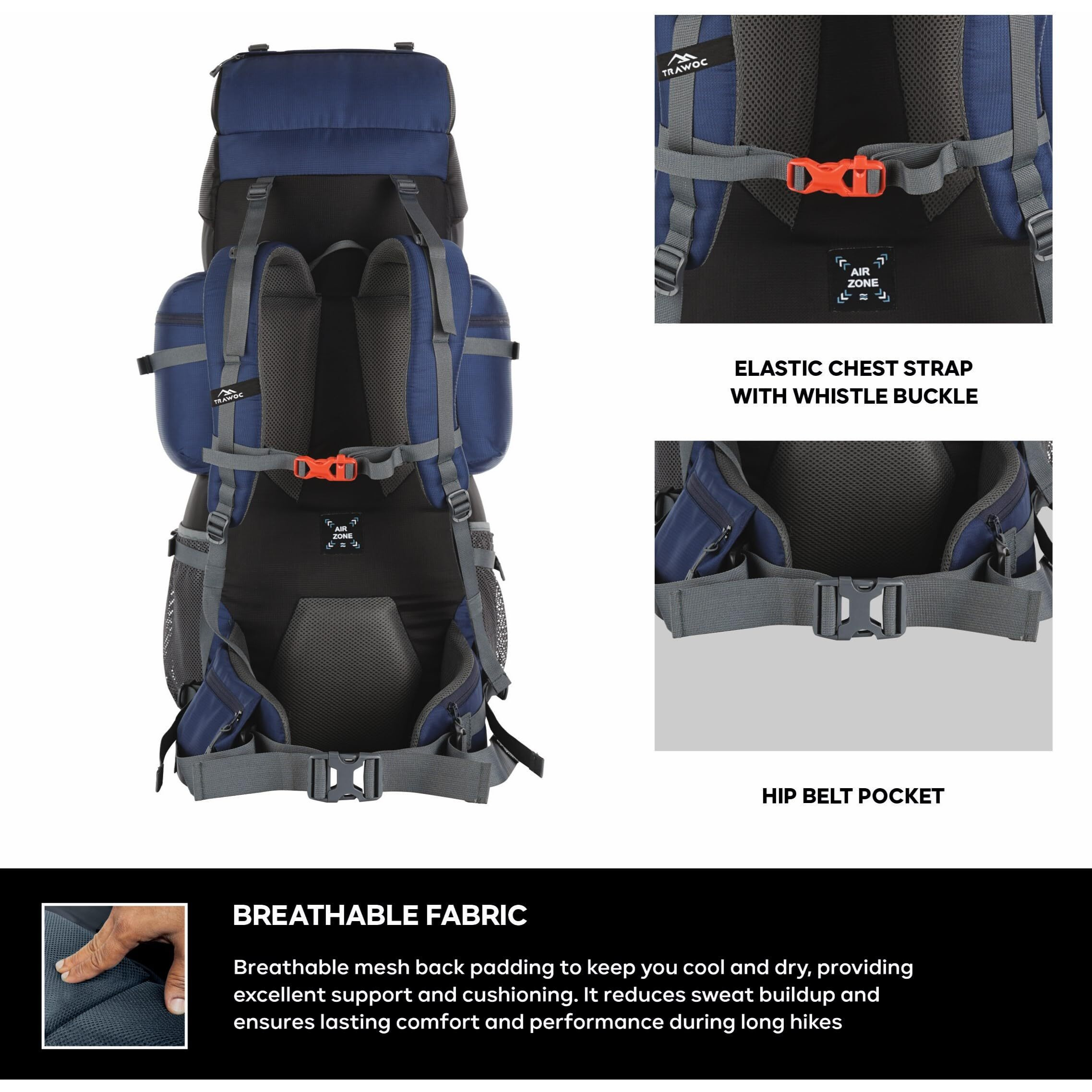 Trawoc Peakpro 75 Liter Travel Backpack For Hiking Trekking Bag Camping Rucksack With Laptop Compartment/Rain Cover/Shoe Compartment Bhk002, 3 Year Warranty, Blue
