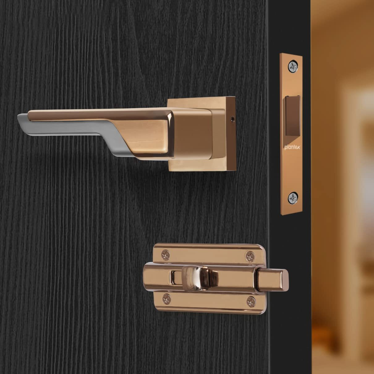 Plantex Heavy Duty Door Lock  Bathroom Door Lock/Mortise Keyless Handle Set For Home/Bathroom/Store Room/Balcony/Office With Baby Latch (7093  Pvd Choco & Satin Black Matt)