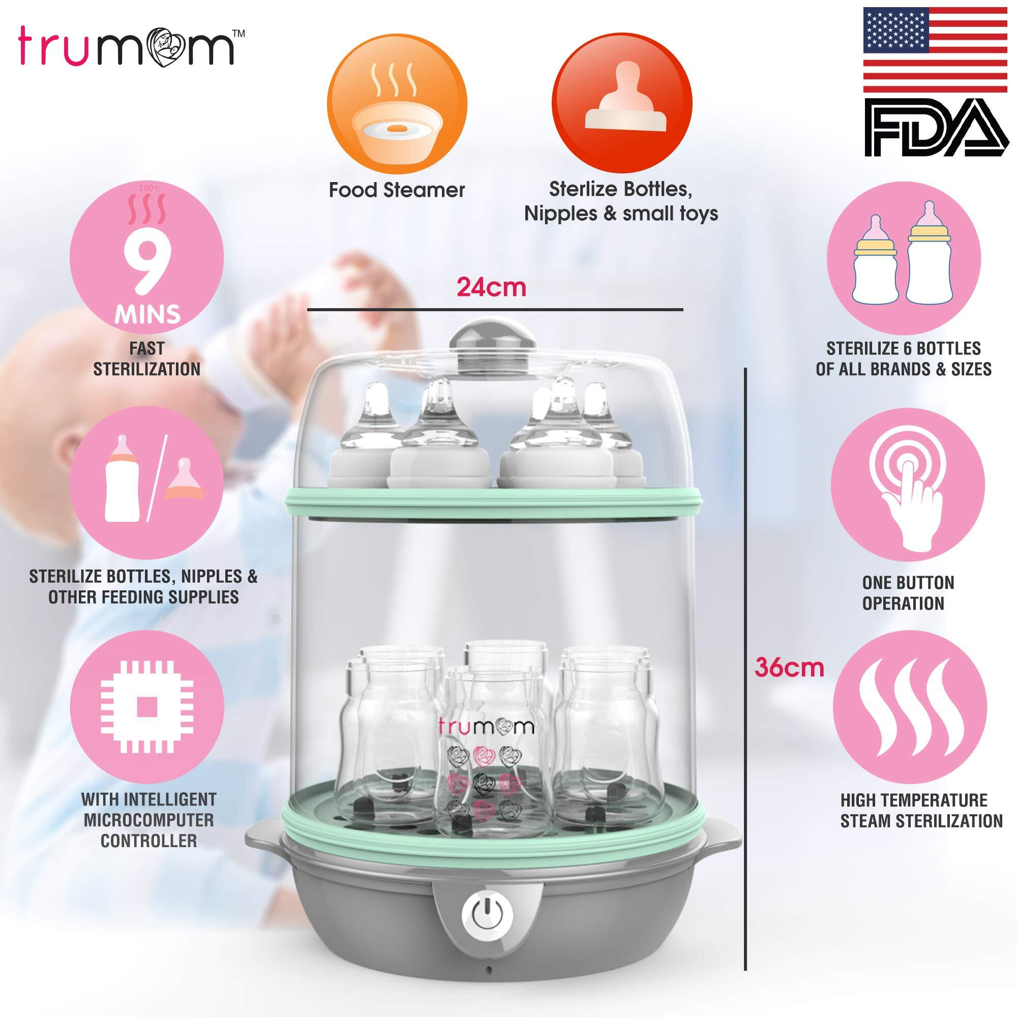 Trumom Usa Electric Steam Sterilizer For Feeding (6 Bottles) And Baby Food Steamer (Includes 1 Year Warranty)