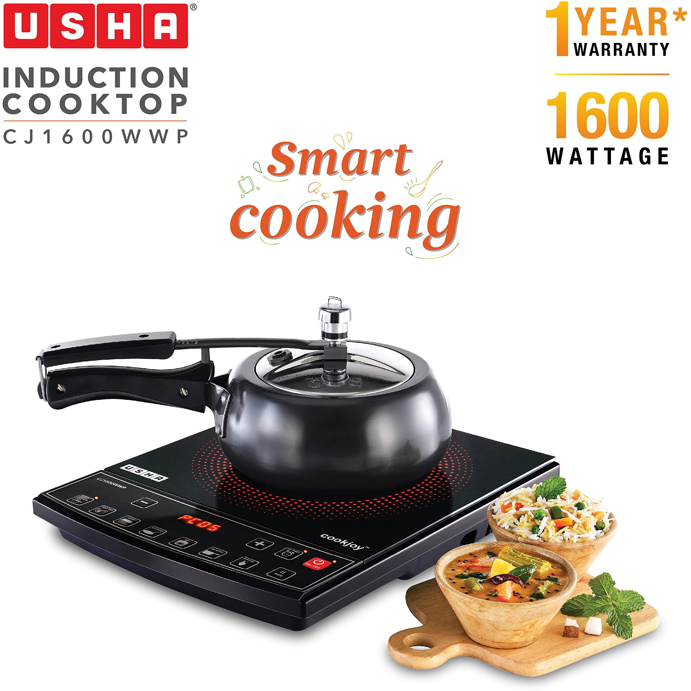 Usha Cookjoy Radiant Induction Cooktop 1600 Watts Cj1600Wwp With Keep Warm Option And 6 Indian Pre-Set Menu (Black)