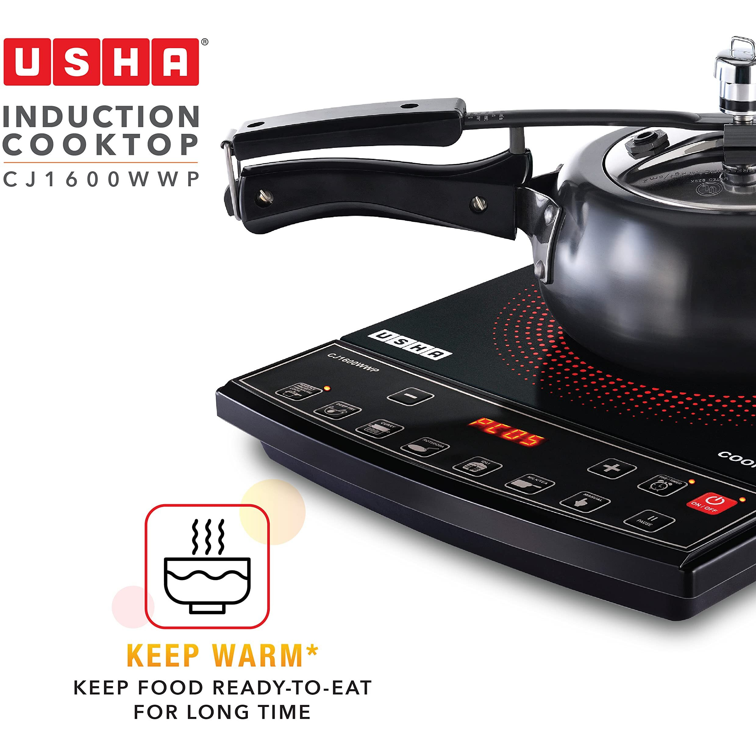 Usha Cookjoy Radiant Induction Cooktop 1600 Watts Cj1600Wwp With Keep Warm Option And 6 Indian Pre-Set Menu (Black)