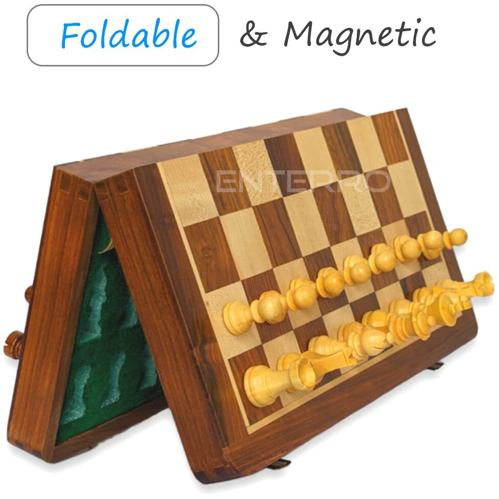 Enterro Chess Board Set Wooden Foldable14 X 14 Inch With 2 Extra Queens - Handcrafted Magnetic Chess Pieces
