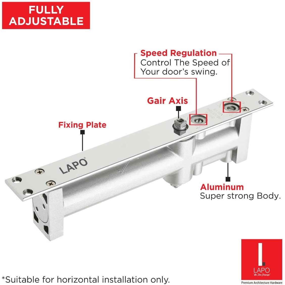 Lapo Premium Automatic Hydraulic Double Speed Aluminium 32 Mm Concealed Door Closer With Pelmet Arm Wooden Door Closer With Fitting Set For All Door Weight Up To 60 To 80 Kg (Silver Finish)