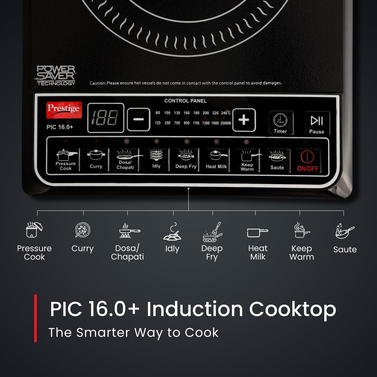 Prestige Pic 16.0 Plus 2000 Watts Induction Cooktop|Indian Menu Option|Automatic Power & Temperature Adjustment|Protection Against Insects|1 Year Warranty|Black