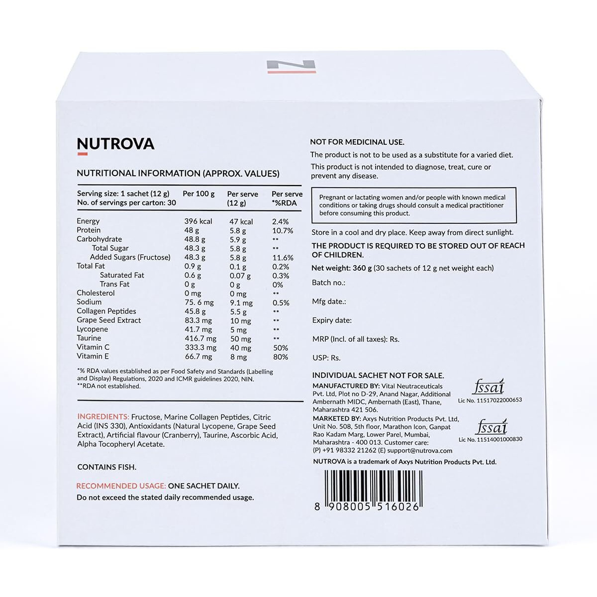 Nutrova Collagen+Antioxidants Supplement - Of Marine Collagen Powder For Men & Women,Increases Skin Hydration,Reduces Skin Damage,Supports Healthy Skin,Hair & Nails,Cranberry, 1 Count,30 Servings