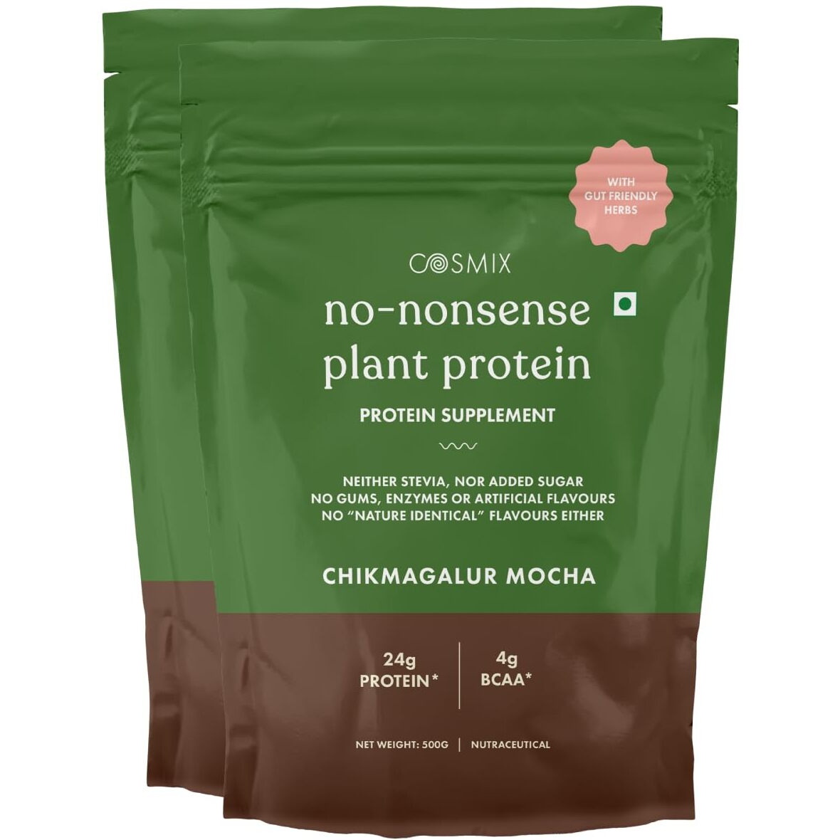 Cosmix No Nonsense Plant Protein | Pea & Rice Isolate | Vegan | 24G Protein/Serving | Easy To Digest | All Essential Amino Acids - 1 Kg Coffee + Chocolate- Chikmagalur Mocha - 500G(Pack Of 2)