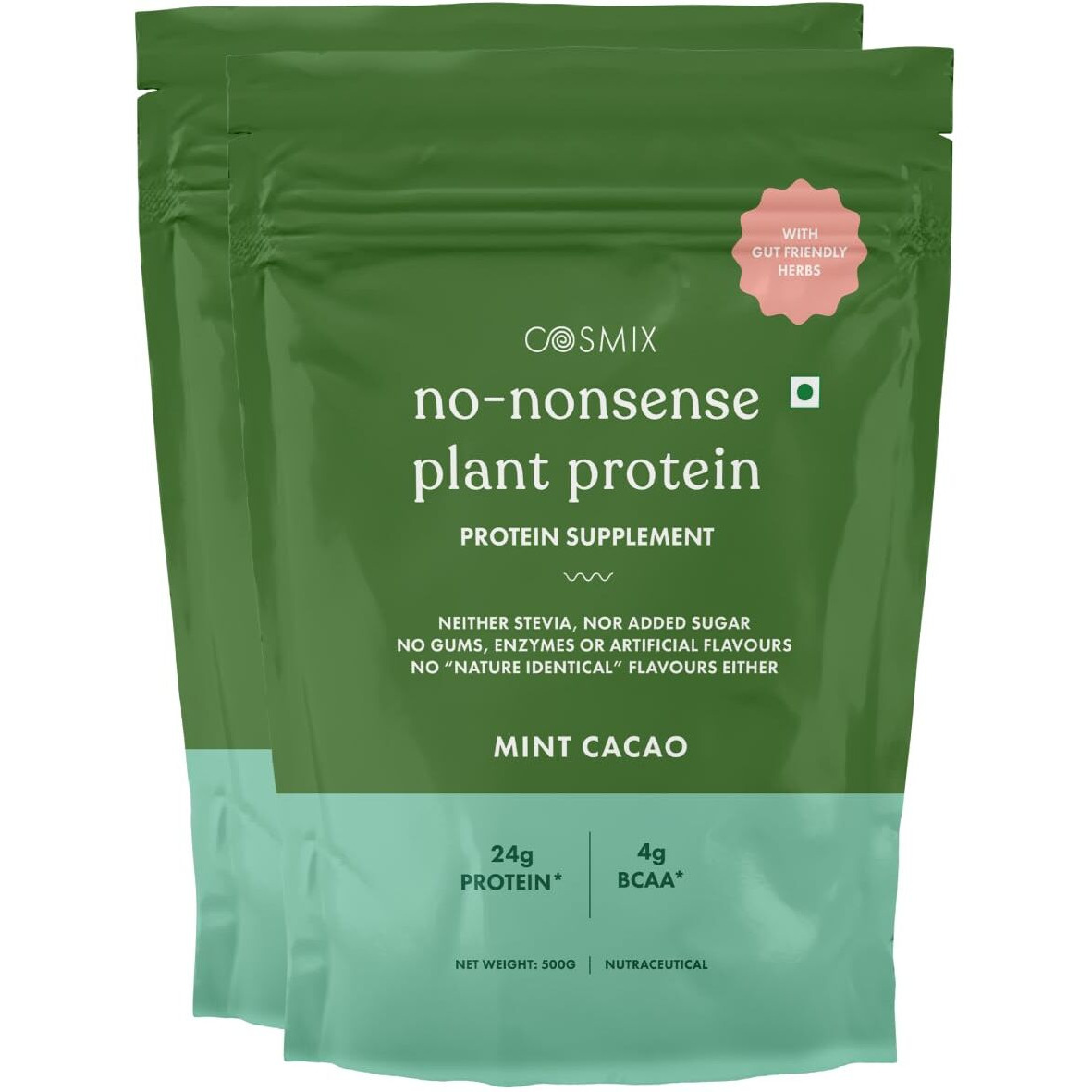 Cosmix No Nonsense Plant Protein | Pea & Rice Isolate | Vegan | 24G Protein/Serving | Easy To Digest |All Essential Amino Acids | No Preservatives|Mint Chocolate- 1 Kg | Mint Cacao - 500G (Pack Of 2)