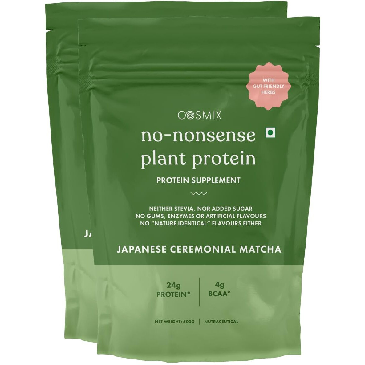 Cosmix No Nonsense Plant Protein | Organic Pea & Brown Rice Isolate | Vegan | 24G Protein/Serving | Easy To Digest | All Essential Amino Acids- 1 Kg | Japanese Ceremonial Matcha - 500G (Pack Of 2)