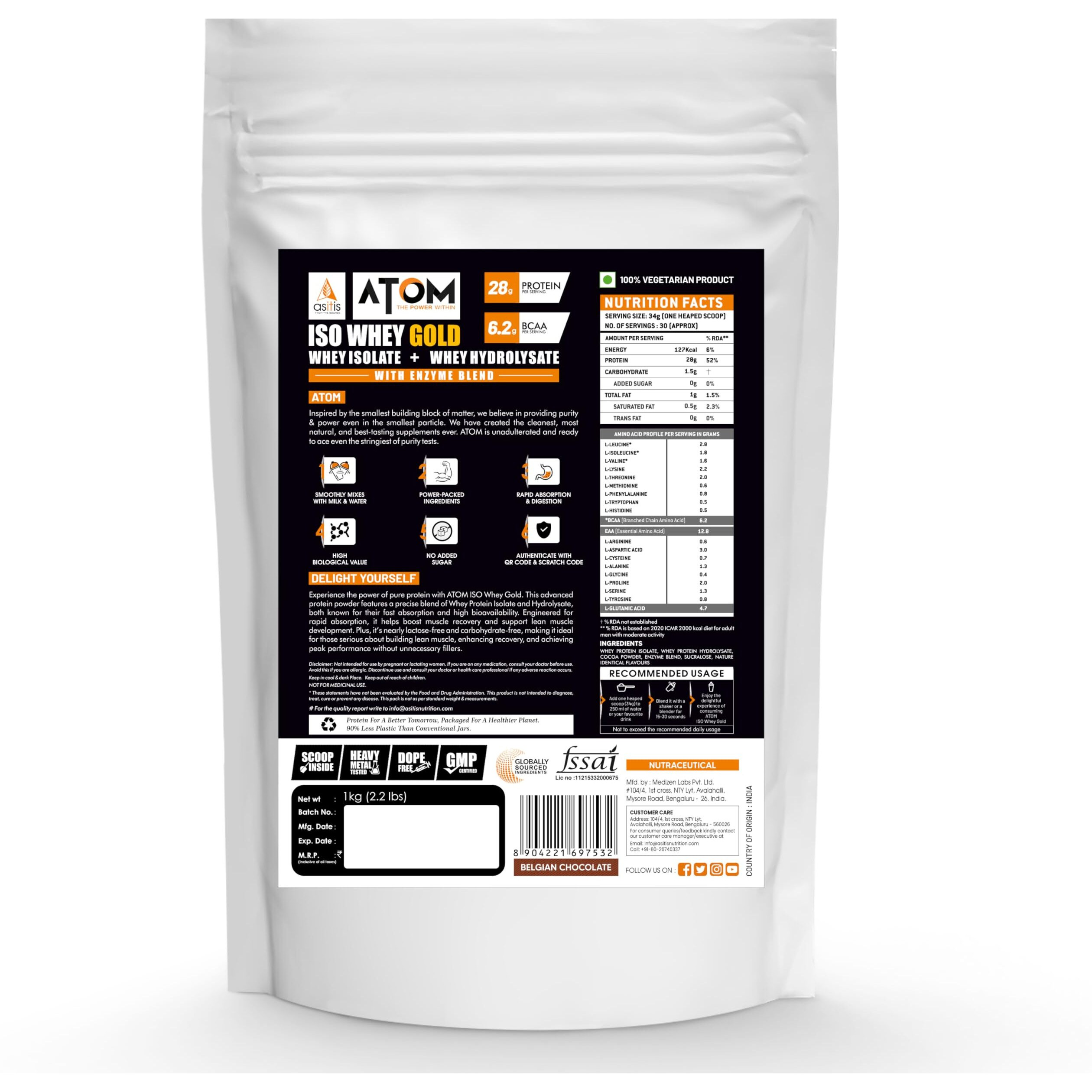 Asitis Nutrition Atom Iso Whey Gold | 28G Protein Rapid Absorption & Recovery| Belgian Chocolate - 1Kg (30 Servings)