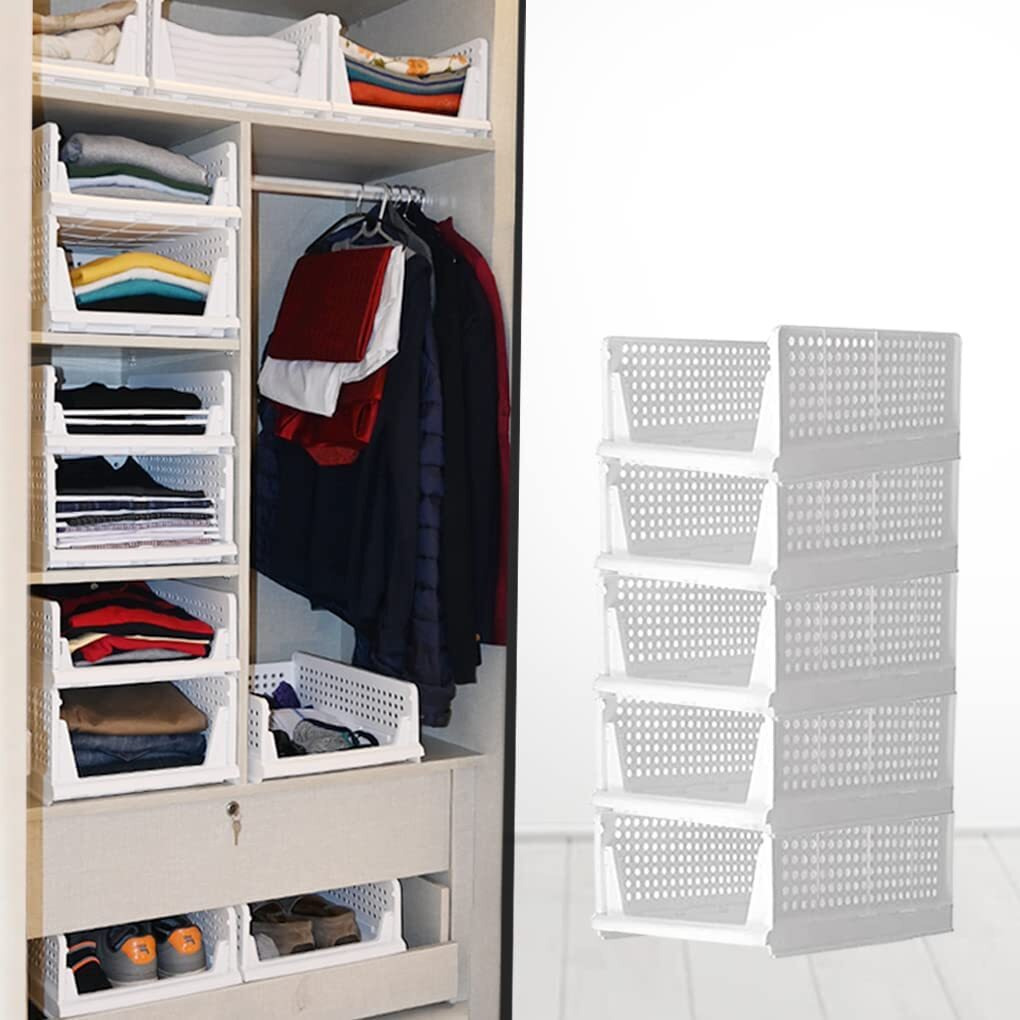 Jeyang Folding Wardrobe Organizer Plastic Stackable Clothe Closet Self Storage Container, Rectangular Cupboard For Kitchen, Home And Bathroom (White) (Pack Of 10 (Large White))