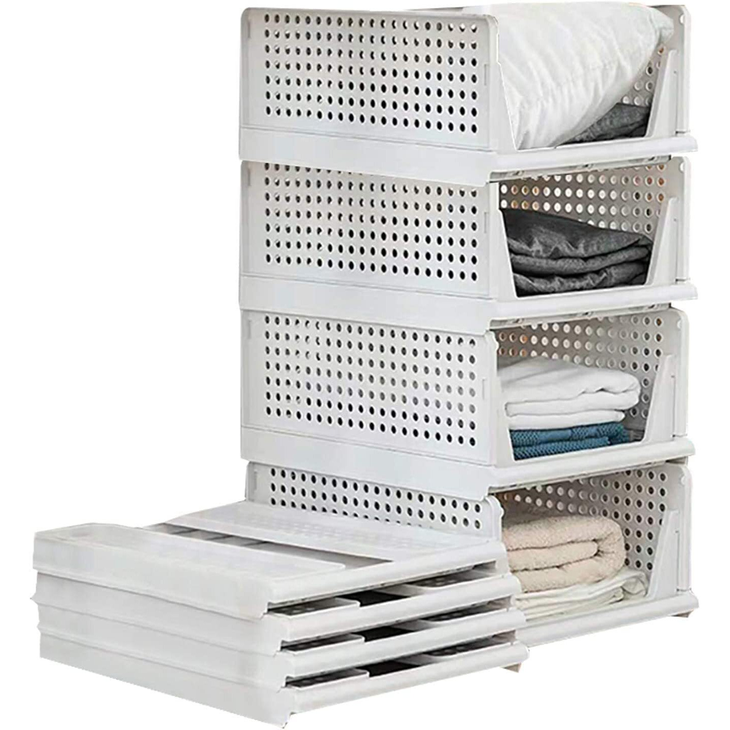 Jeyang Folding Wardrobe Organizer Plastic Stackable Clothe Closet Self Storage Container, Rectangular Cupboard For Kitchen, Home And Bathroom (White) (Pack Of 10 (Large White))