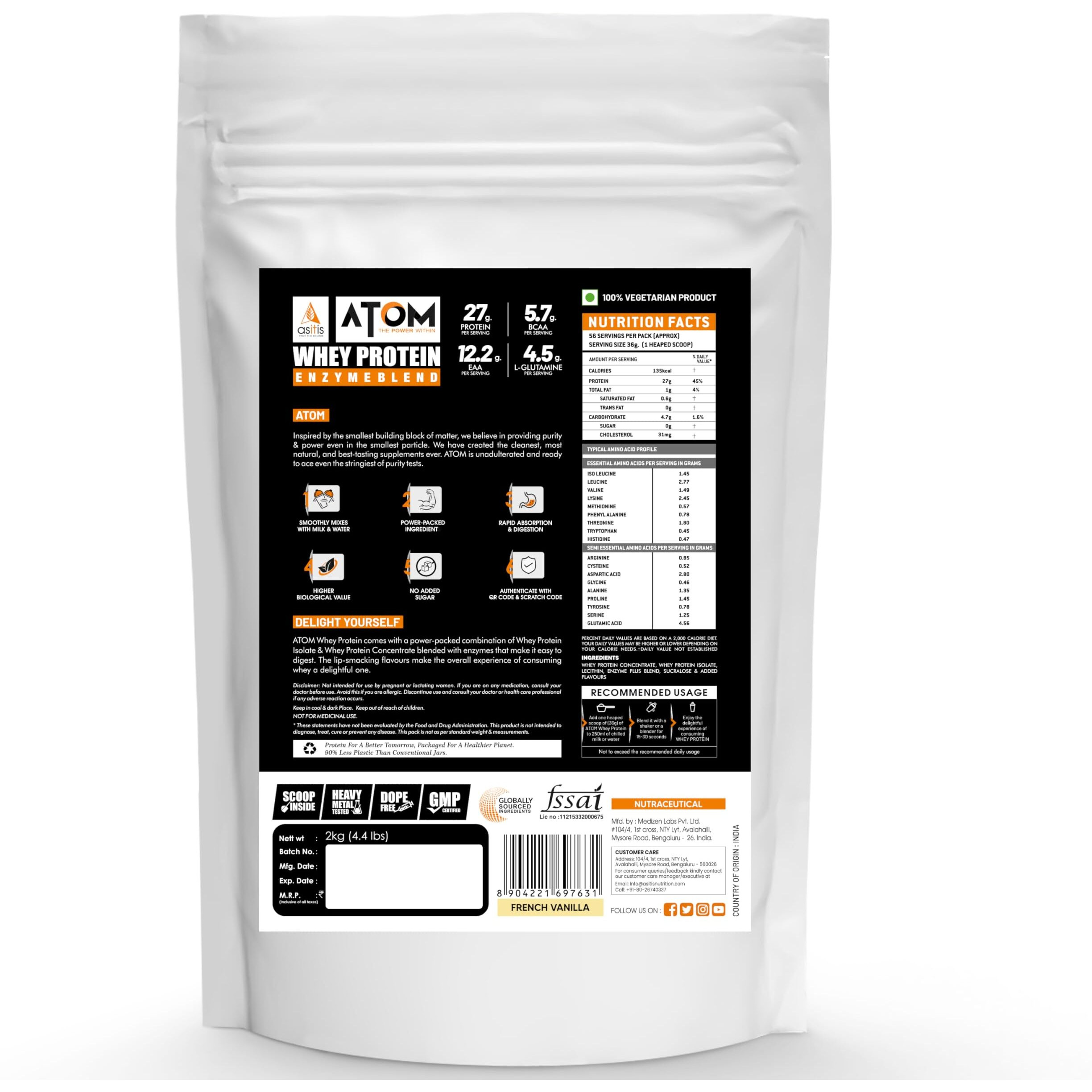 As-It-Is Atom Whey Protein 2Kg | 27G Protein | Isolate & Concentrate | French Vanilla | Usa Labdoor Certified | With Digestive Enzymes For Better Absorption