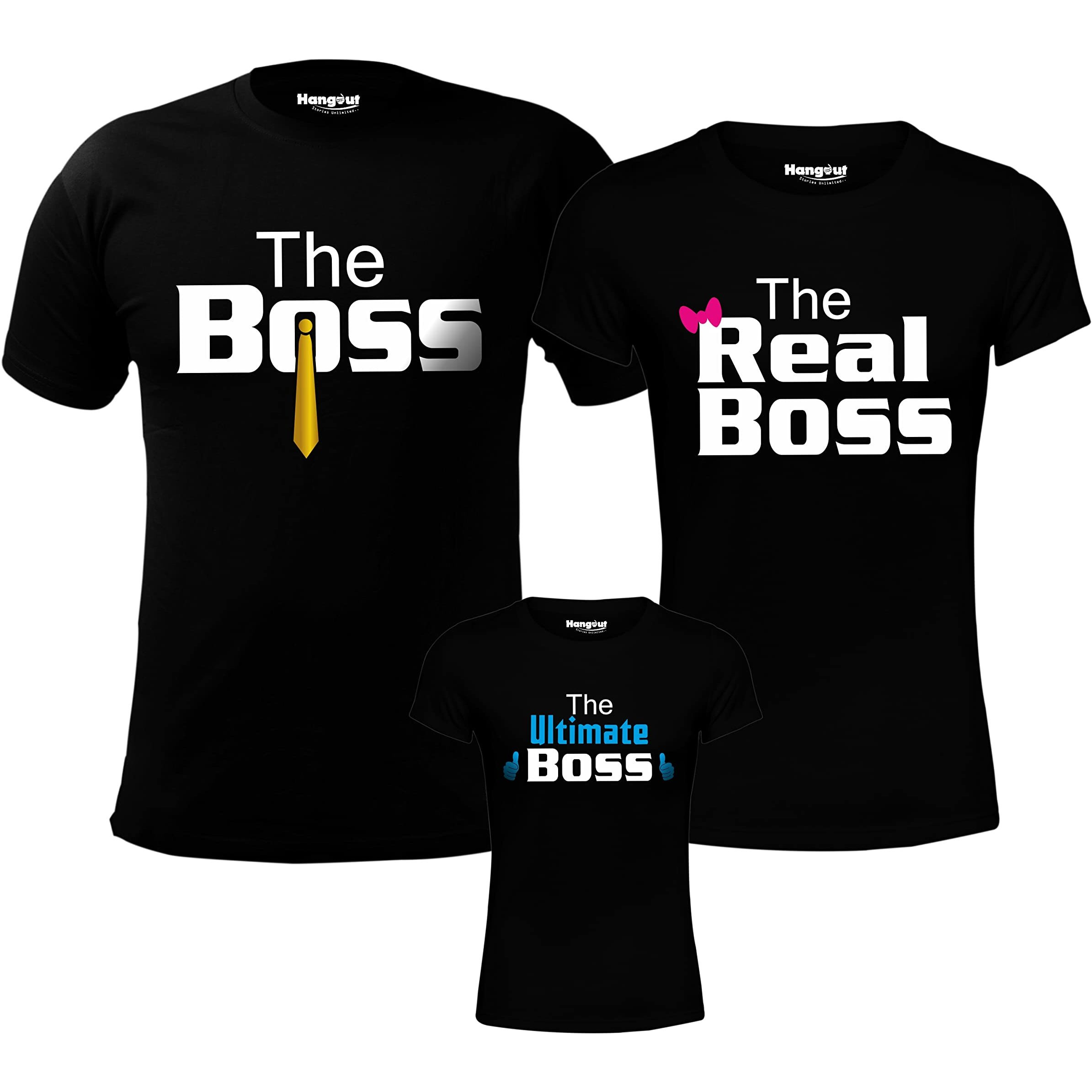 Hangout Hub Hh100 Men's Women's & Boy's Round Neck T Shirt The Boss The Real Boss (BlackMen XlWomen MBoys 2-4 Yrs) Set Of 3 Family T-Shirts