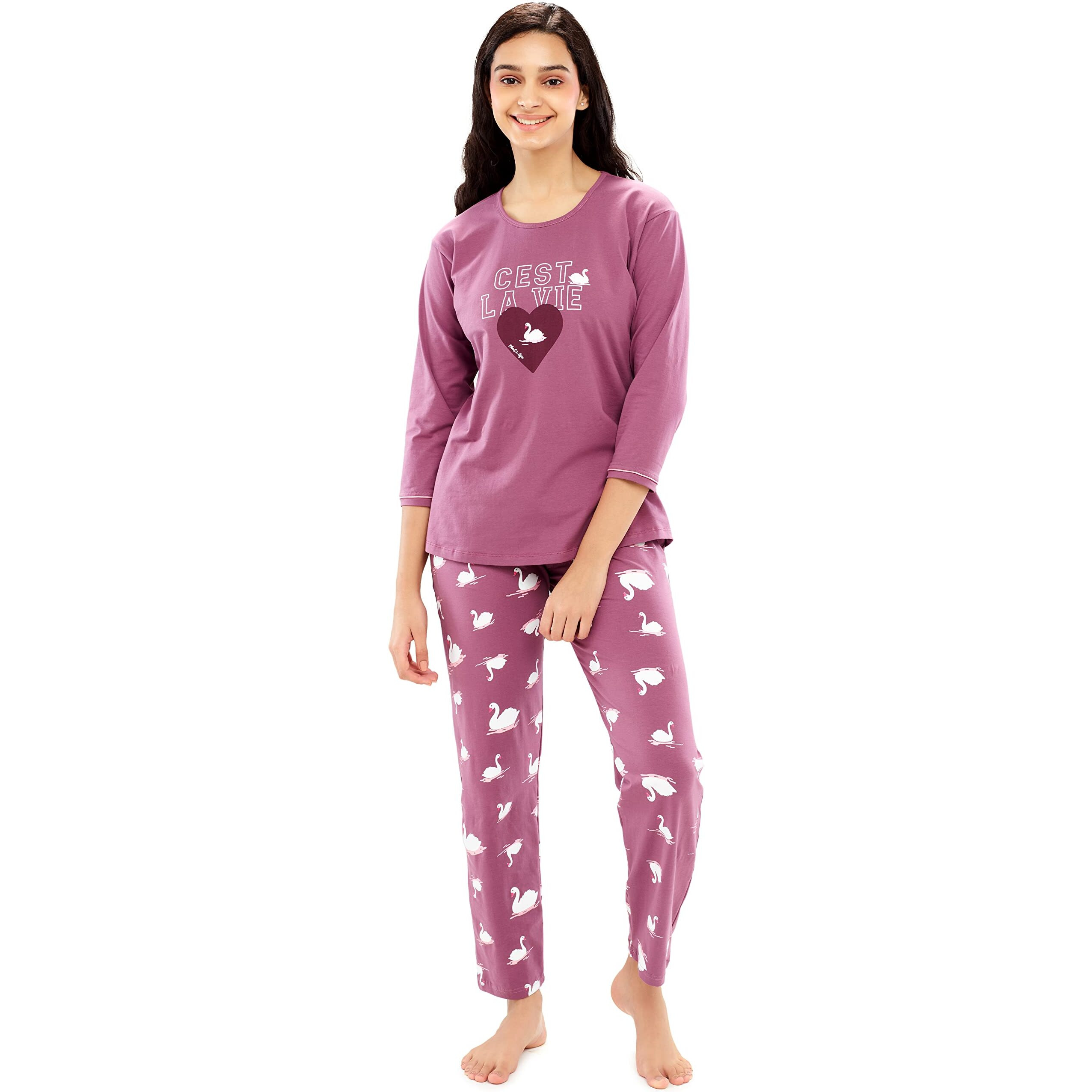 Zeyo Women's Cotton Swan Printed Dark Mauve Stylish Night Suit Set Of Top & Pajama Set 5617, Purple