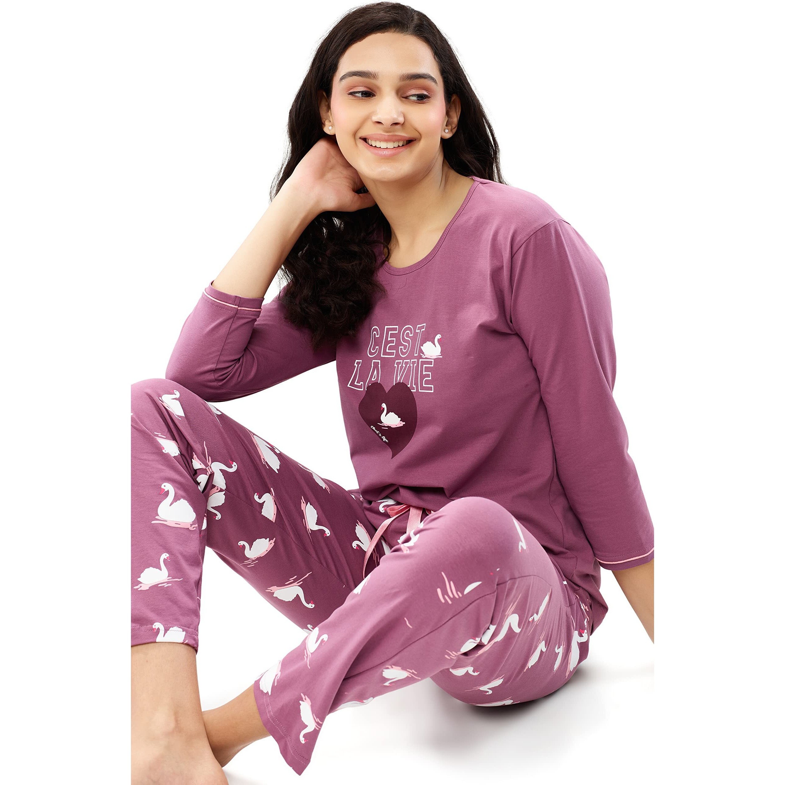 Zeyo Women's Cotton Swan Printed Dark Mauve Stylish Night Suit Top & Pajama Set 5617 (X_Large)