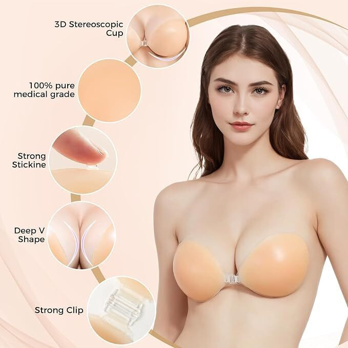 Dclub Adhesive Bra Reusable Strapless Self Silicone Push-Up Invisible Sticky Bras For Backless & Off Shoulder Dress. (D) Pink