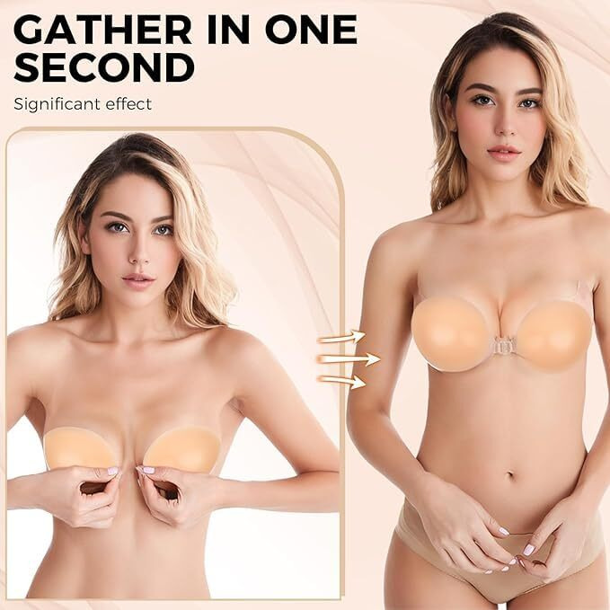 Dclub Adhesive Bra Reusable Strapless Self Silicone Push-Up Invisible Sticky Bras For Backless & Off Shoulder Dress. (D) Pink
