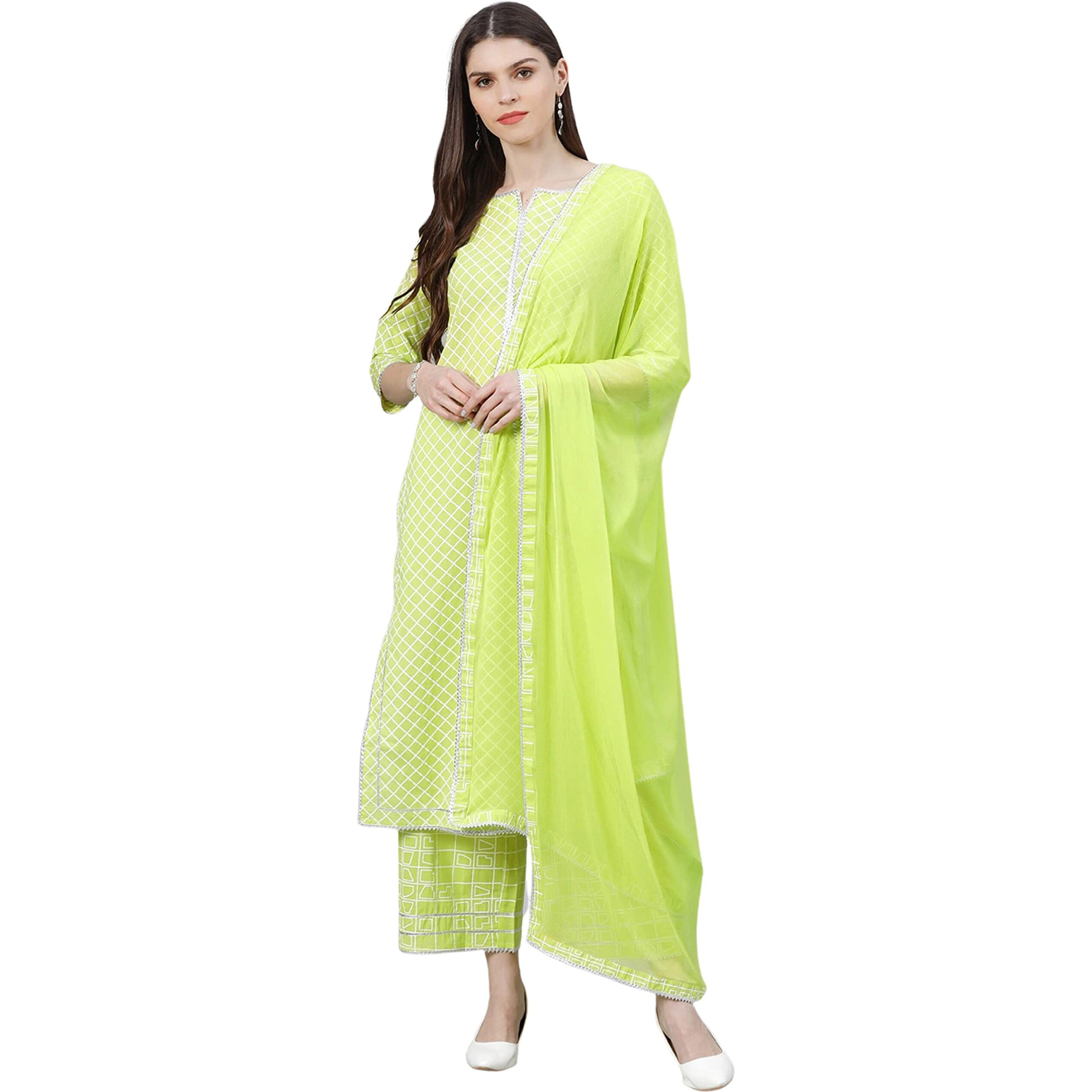 Amayra Women's Rayon Printed Straight Kurti & Palazzos With Dupatta Set(Green,S)