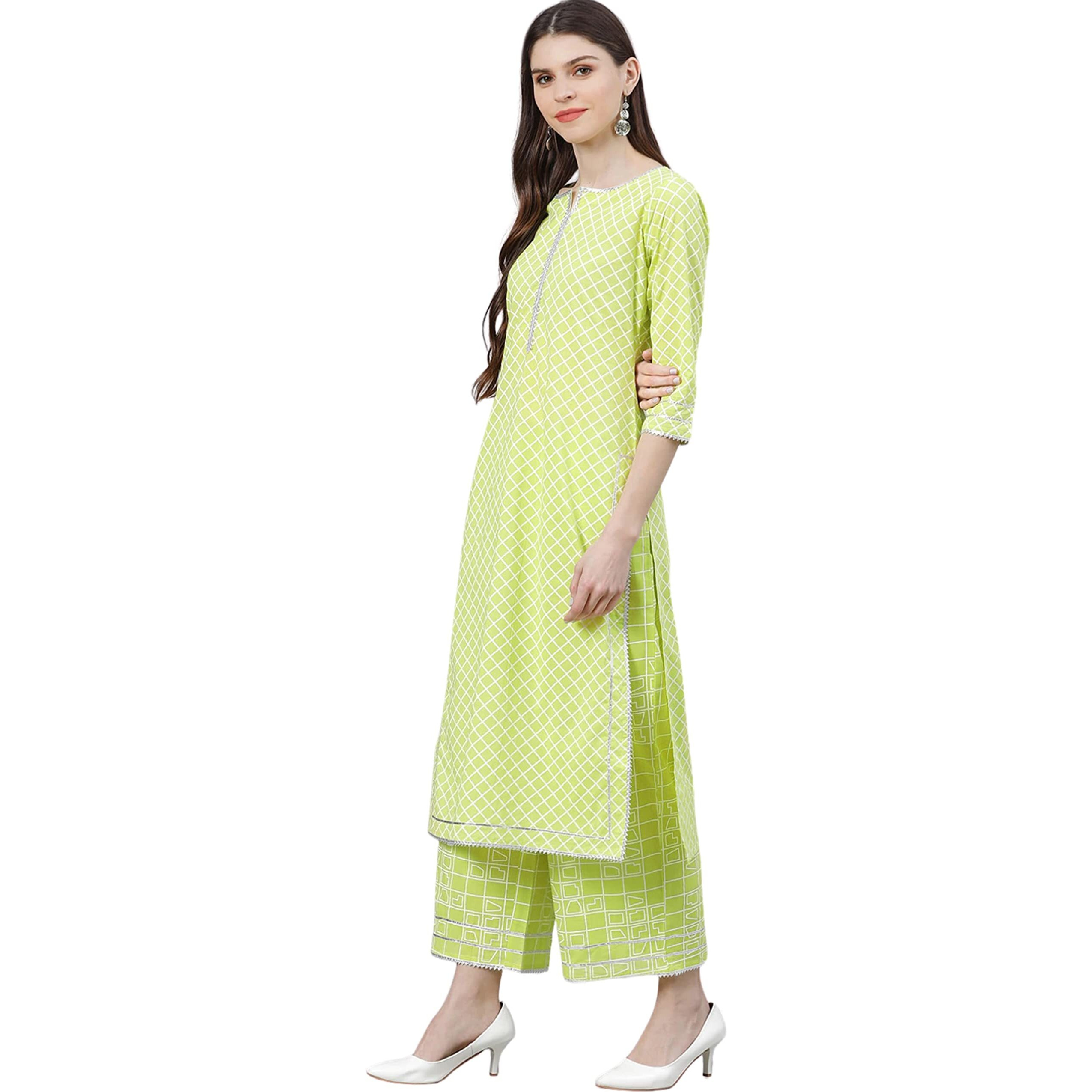 Amayra Women's Rayon Printed Straight Kurti & Palazzos With Dupatta Set(Green,S)