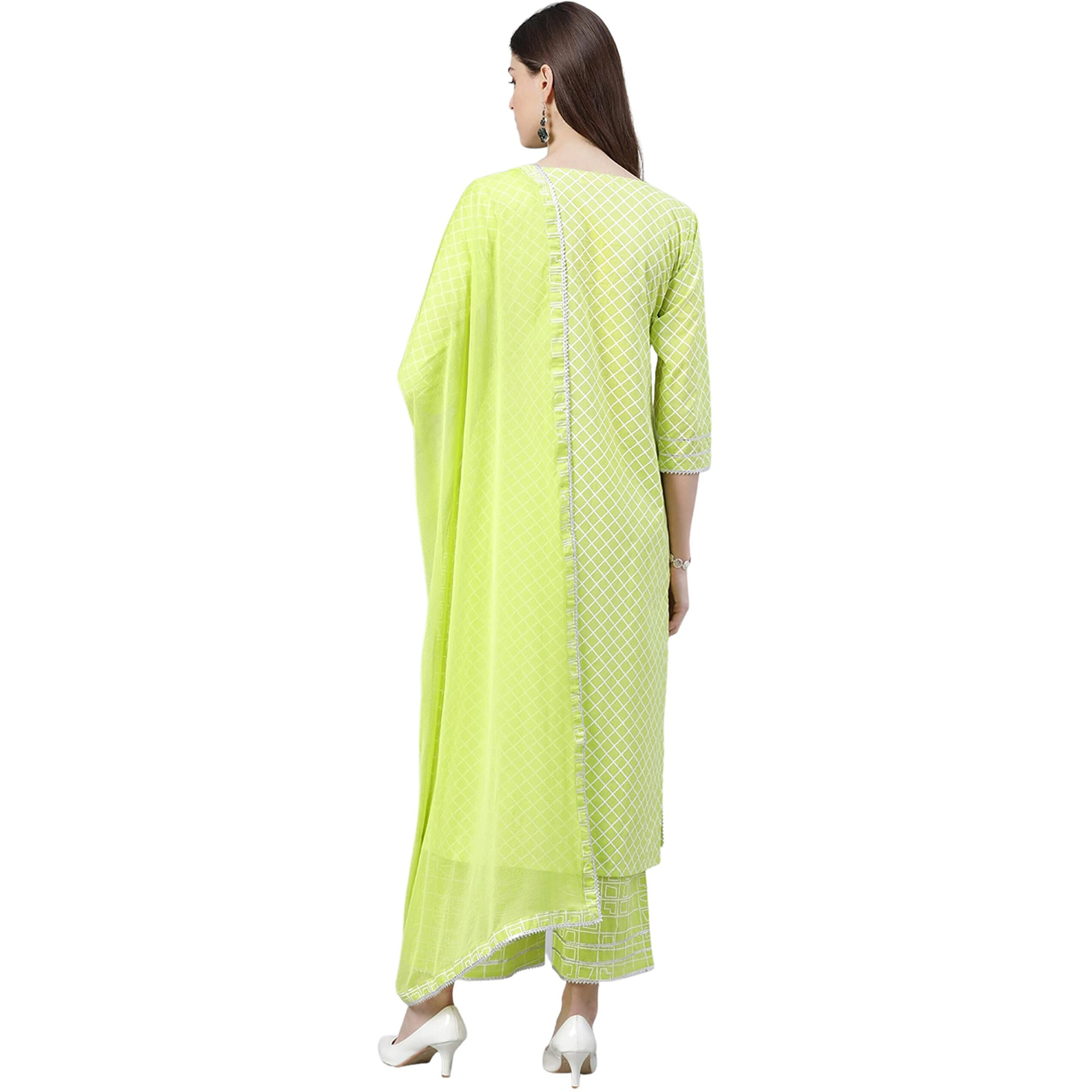 Amayra Women's Rayon Printed Straight Kurti & Palazzos With Dupatta Set(Green,S)