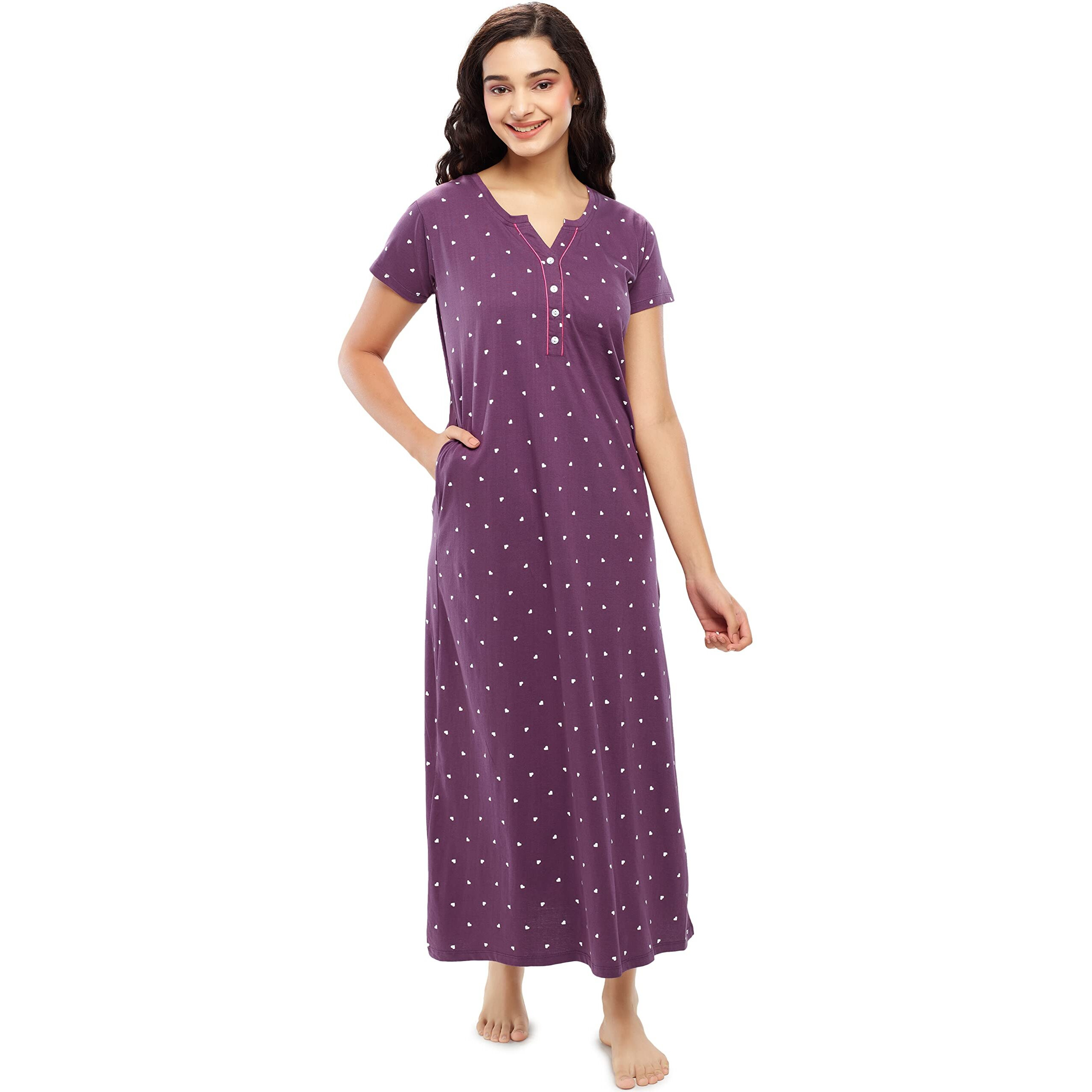 Zeyo Women's Cotton All Over Print Maxi Long Nighty (Znyt-5627-Wn-M, Purple, M)