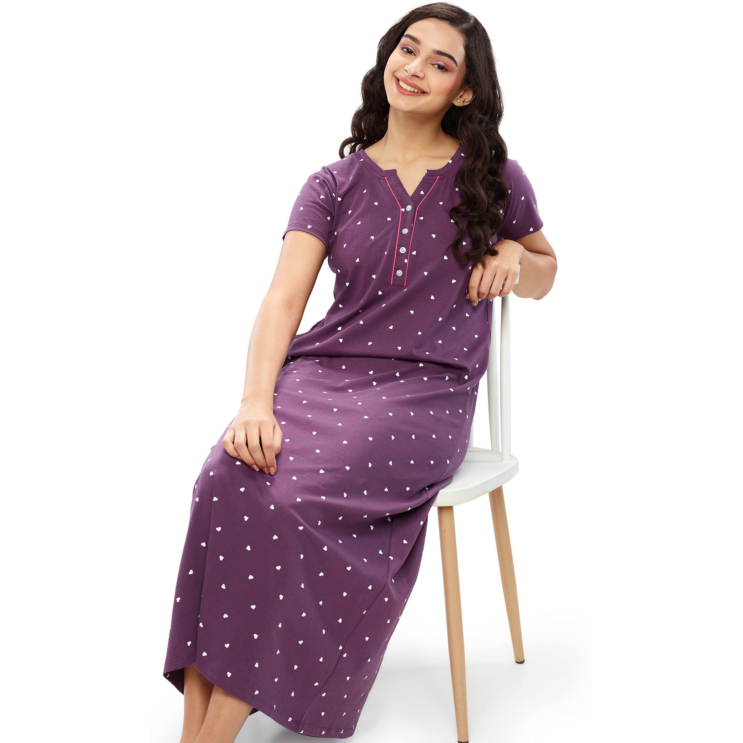 Zeyo Women's Cotton All Over Print Maxi Long Nighty (Znyt-5627-Wn-M, Purple, M)