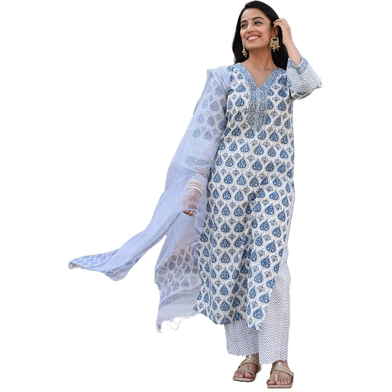 Klosia Women Hand Block Printed Kurta And Palazzo Set With Dupatta White