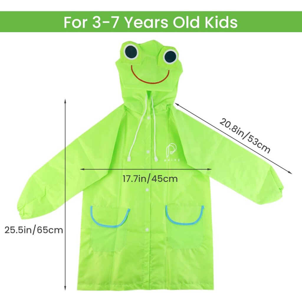 Palay Unisex Raincoat For Kids Boys Girls With Hood, Polyester Standard Length Rain Ponchos With Pockets And School Bag Coverage, Bright Color Raincoat For 3-7 Years Old Kids, Green