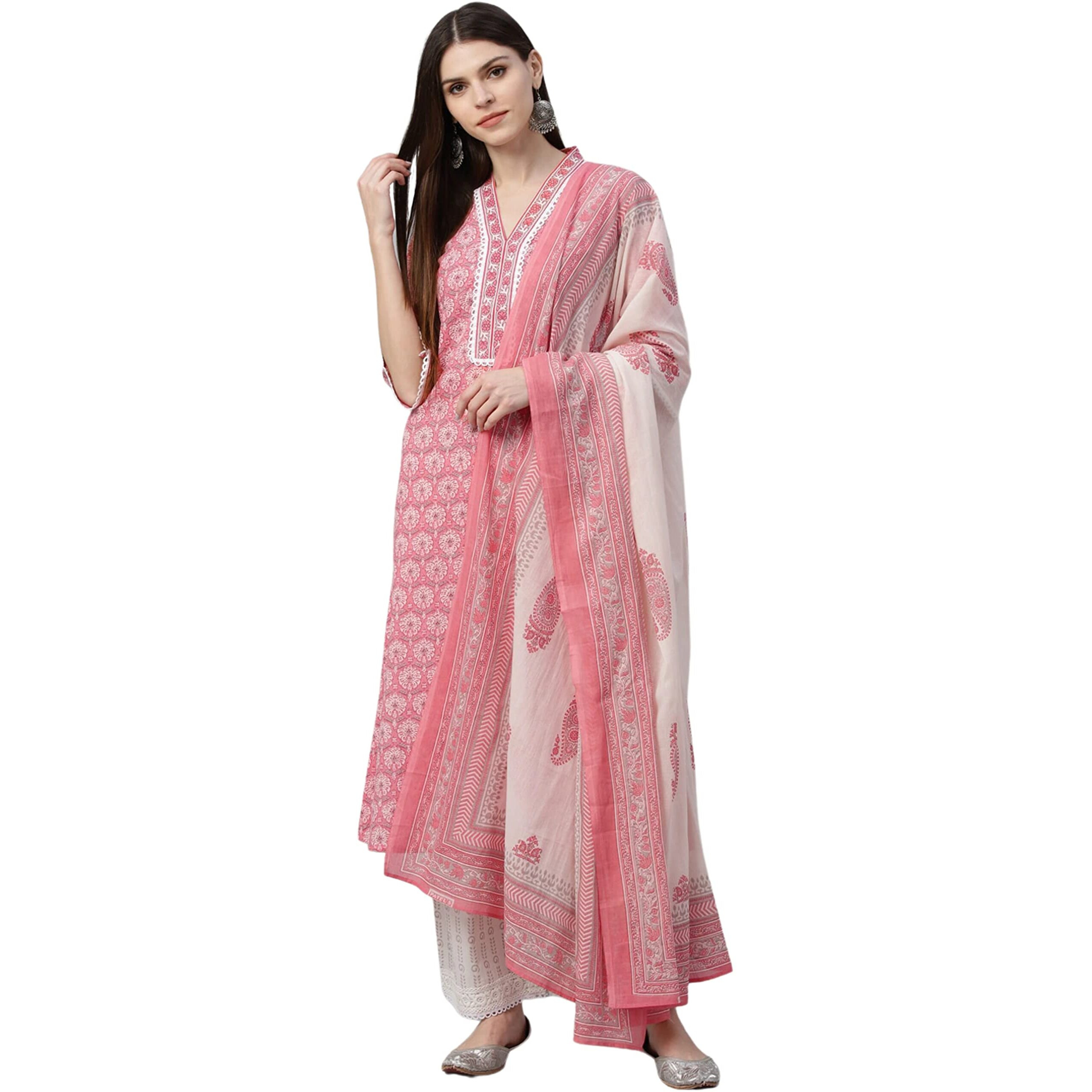 Rytras Women's Rayon Printed Straight Kurti With Palazzos And Dupatta Set (Large) Pink
